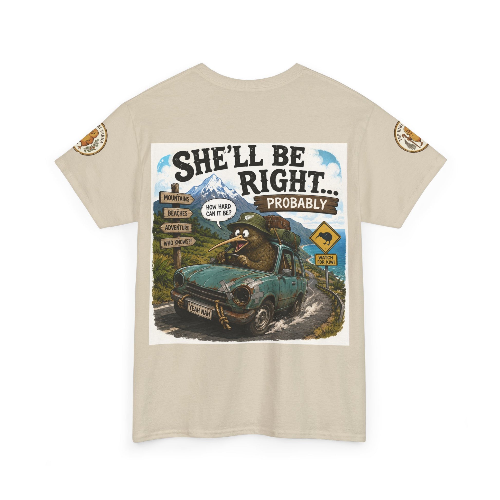 Cream crewneck graphic T-shirt with front car and landscape print