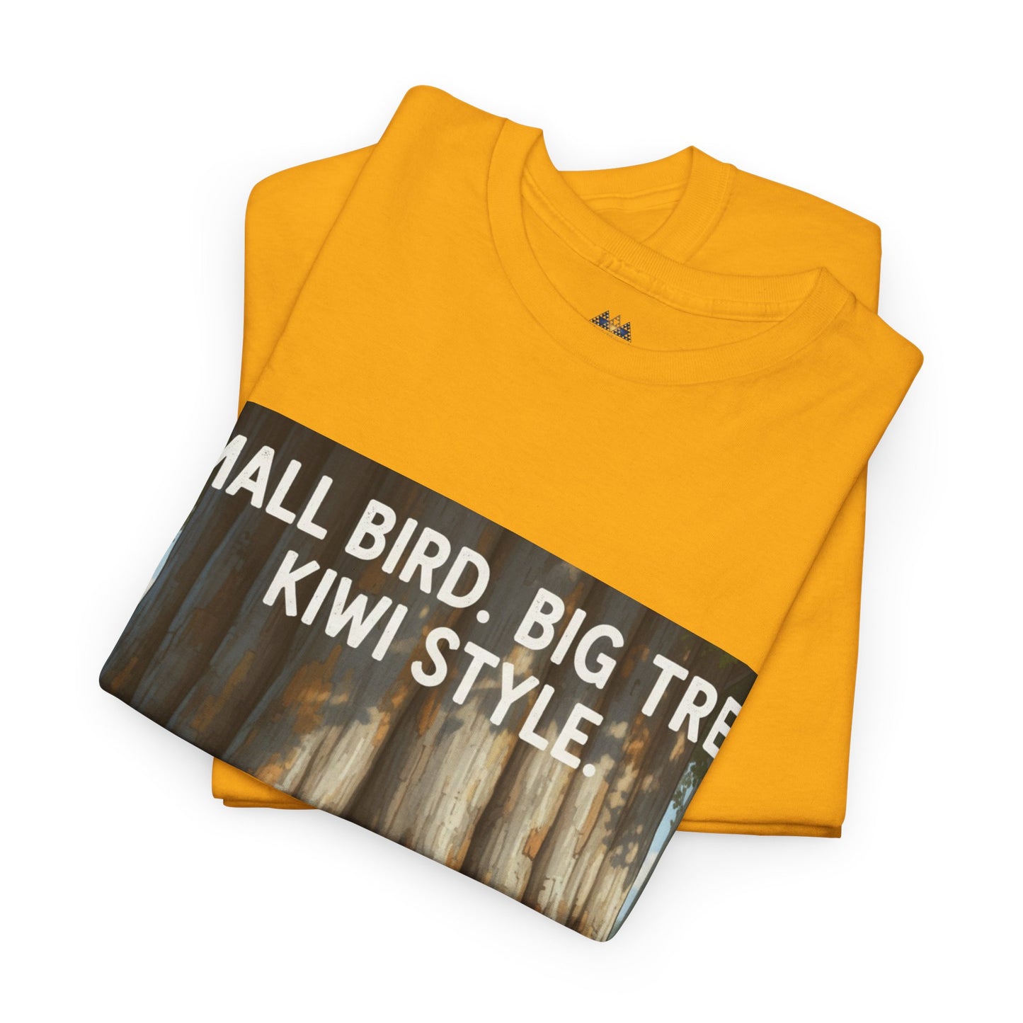 Yellow crewneck T-shirt with large front forest graphic and white text print