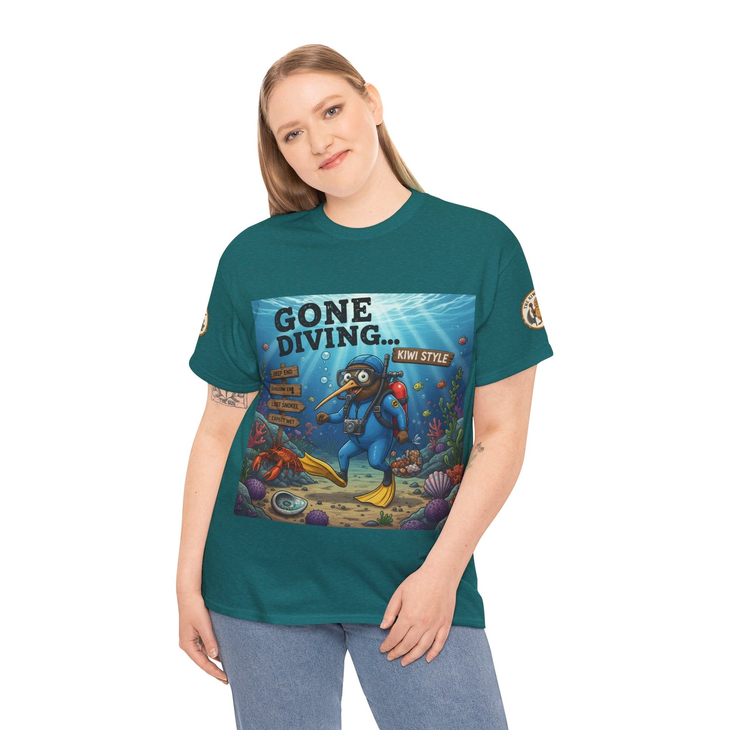 Teal T-shirt with scuba diver graphic front, short sleeves, crew neckline