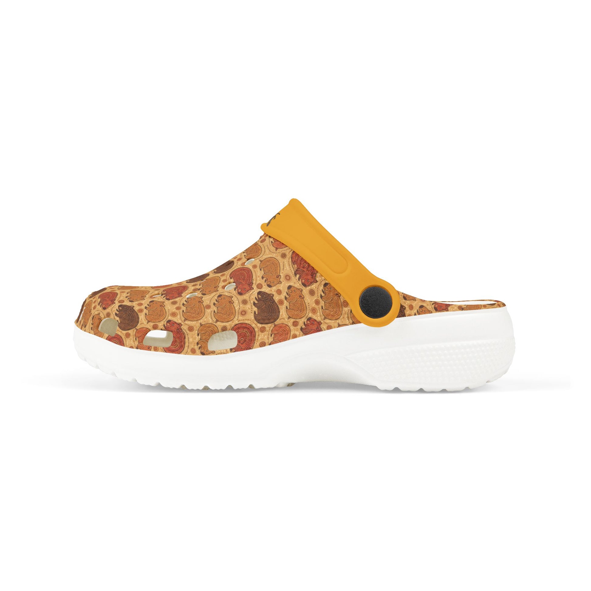 Patterned slip-on clog with yellow strap and white sole, side view.