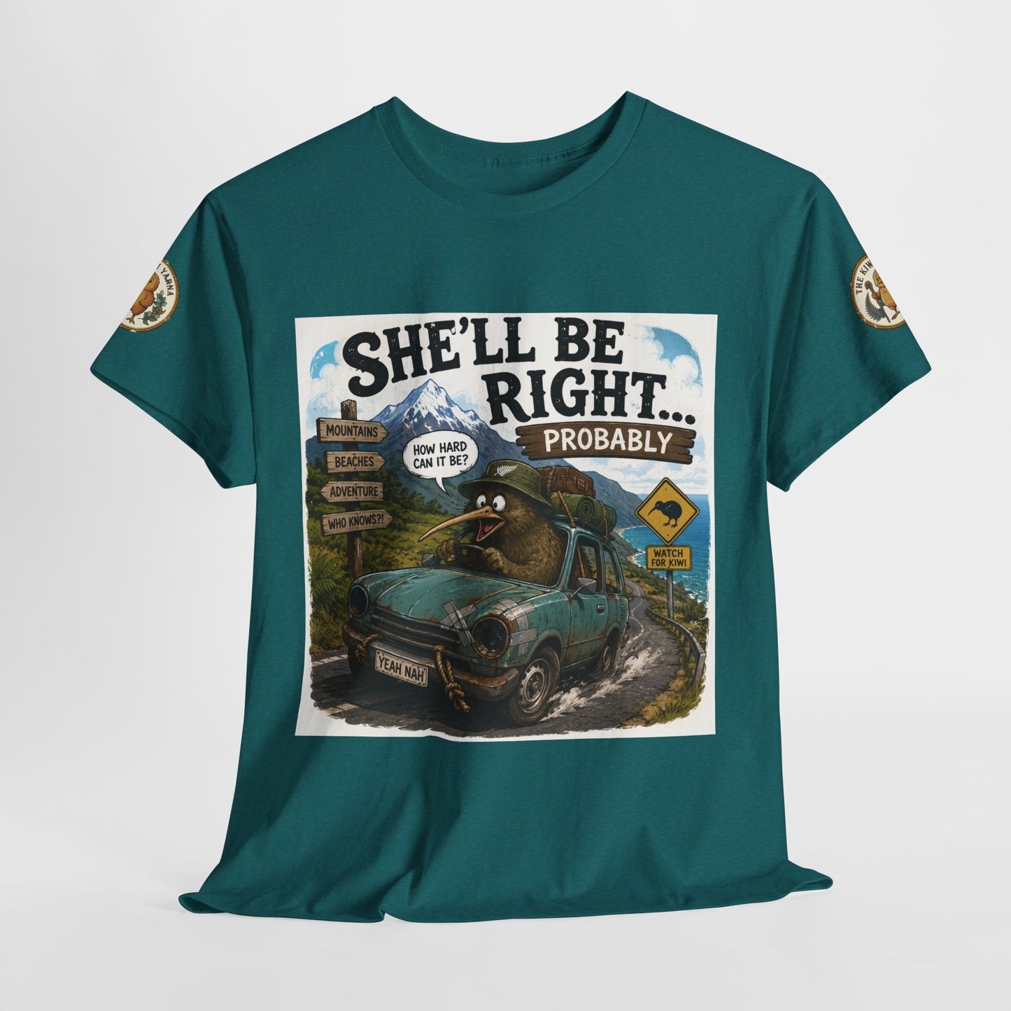 Teal graphic T-shirt with 'She'll Be Right... Probably' front panel and sleeve emblems