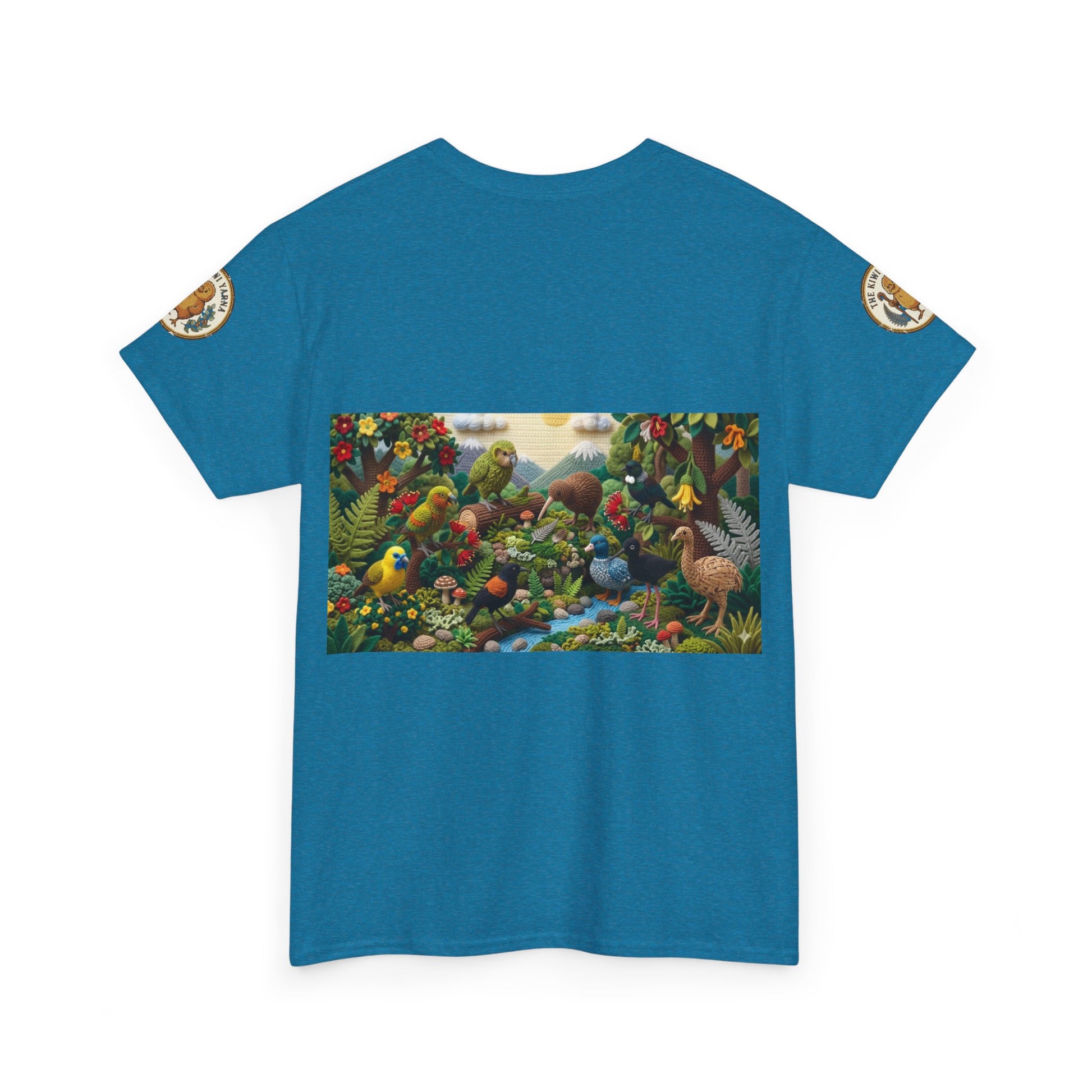 Blue crew-neck T-shirt with front rectangular bird scene graphic and side sleeve emblems