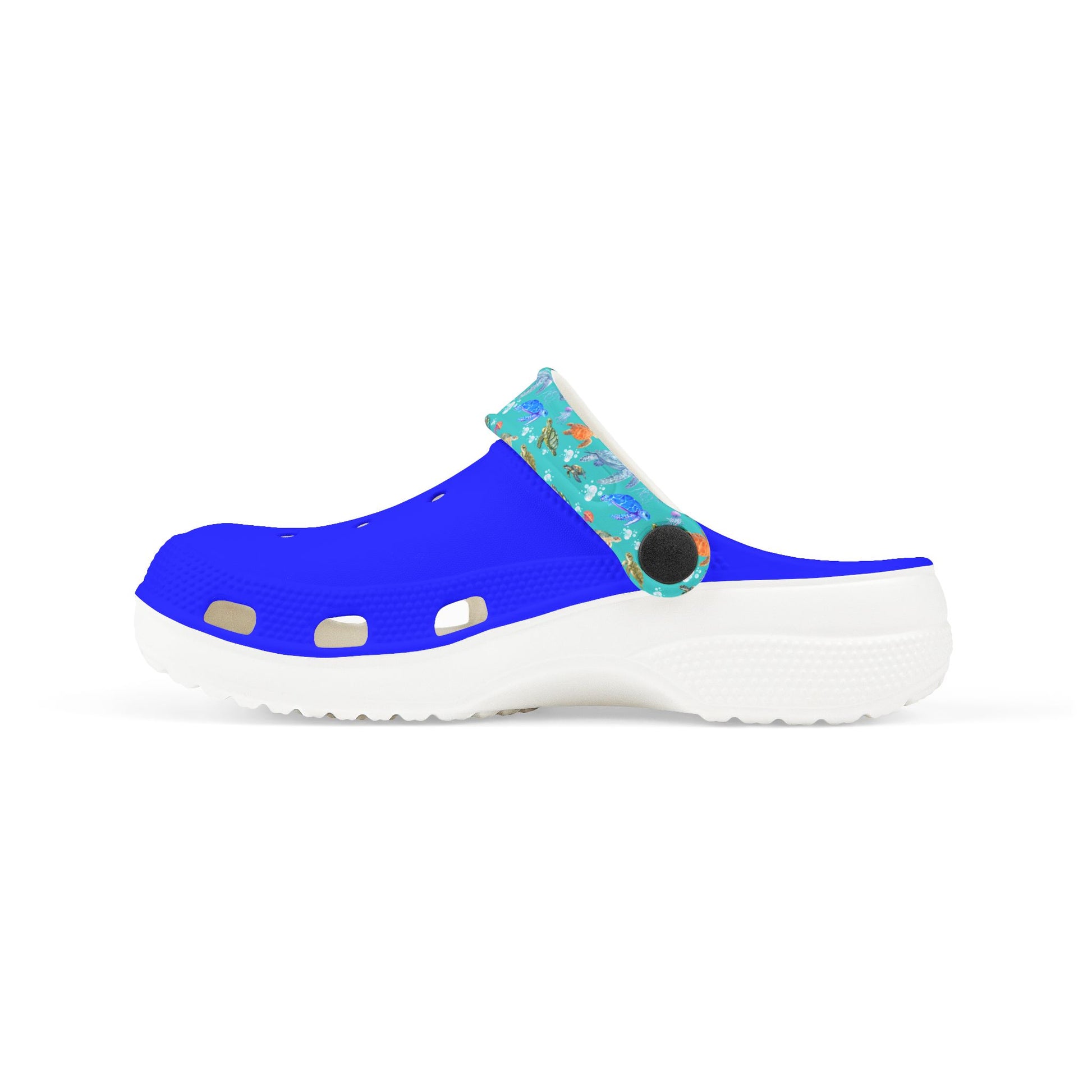 Kids slip-on clogs in blue with teal marine-pattern inset and white platform sole