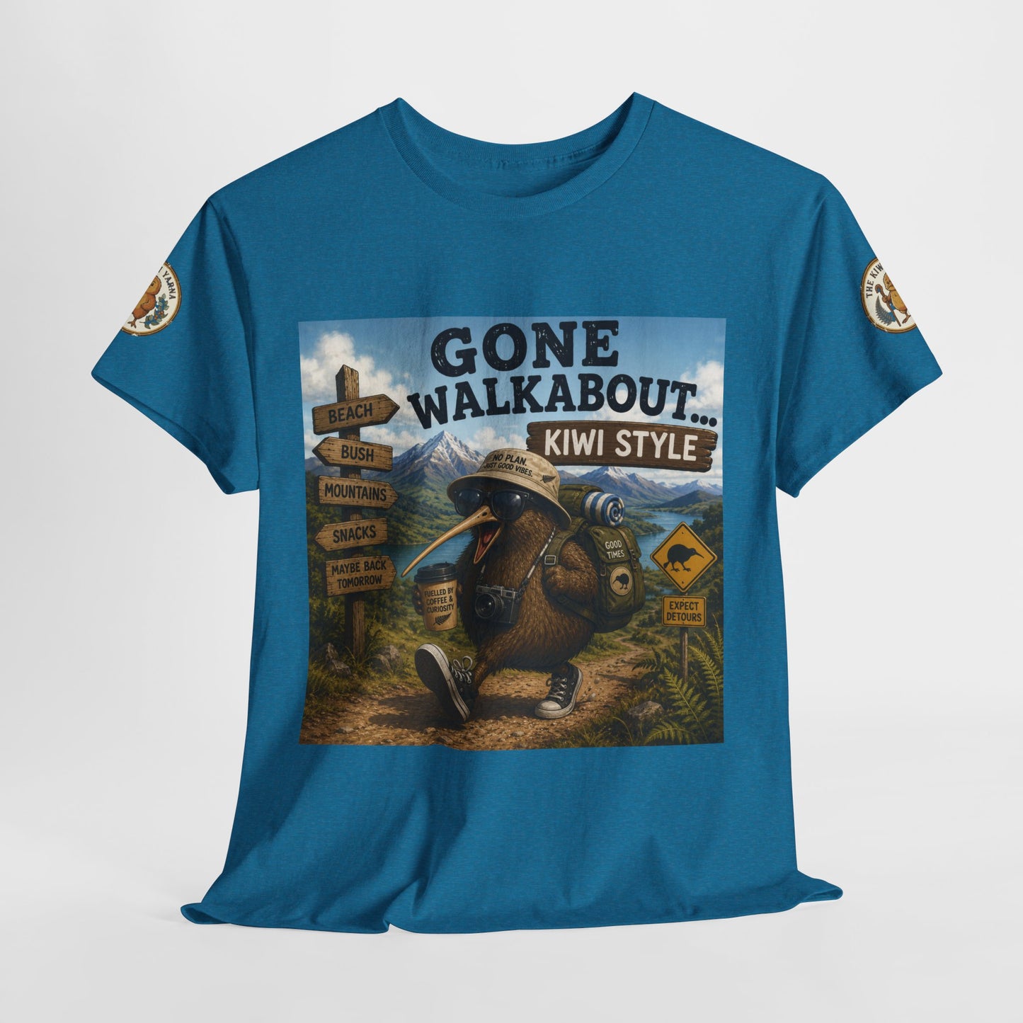 Blue crewneck graphic T-shirt with large kiwi adventure poster print