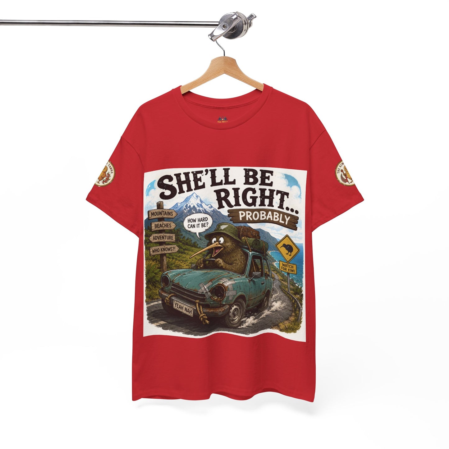 Red graphic T-shirt on hanger with large front car-and-landscape print