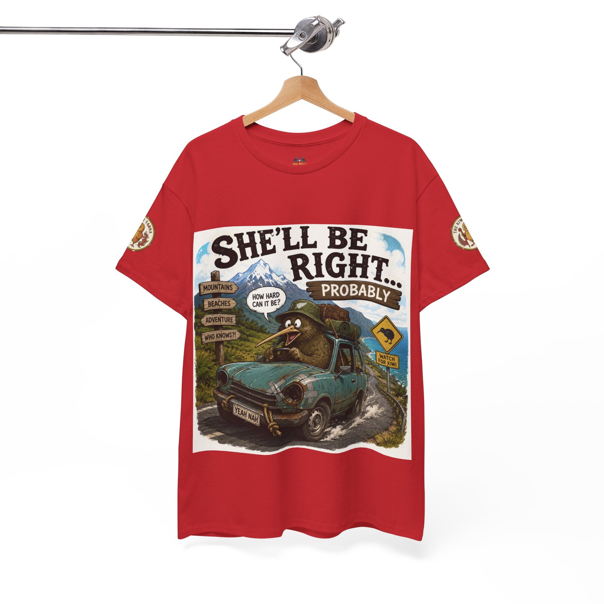 Red graphic T-shirt on hanger with large front car-and-landscape print