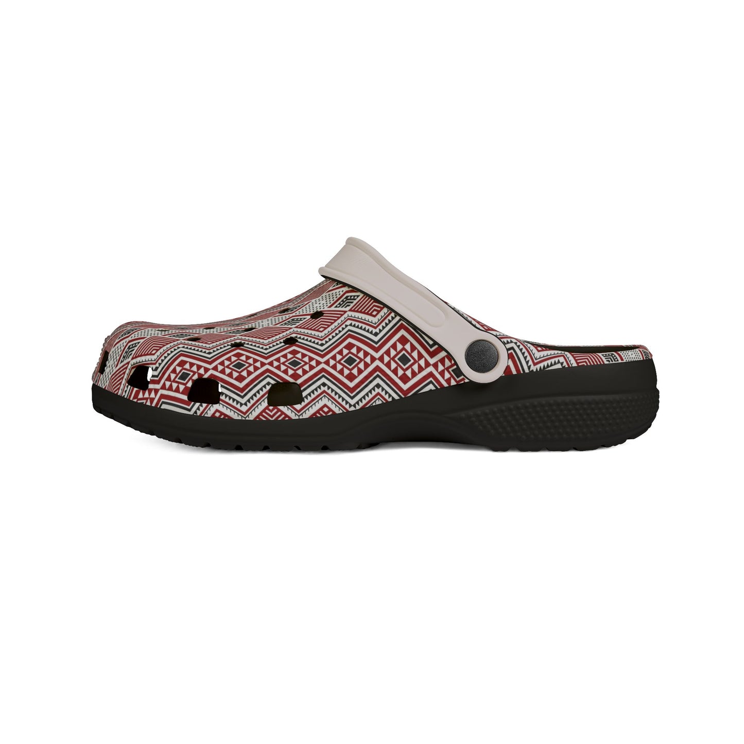 Patterned slide clog with red-and-white geometric upper, gray perforated toe, and black sole.