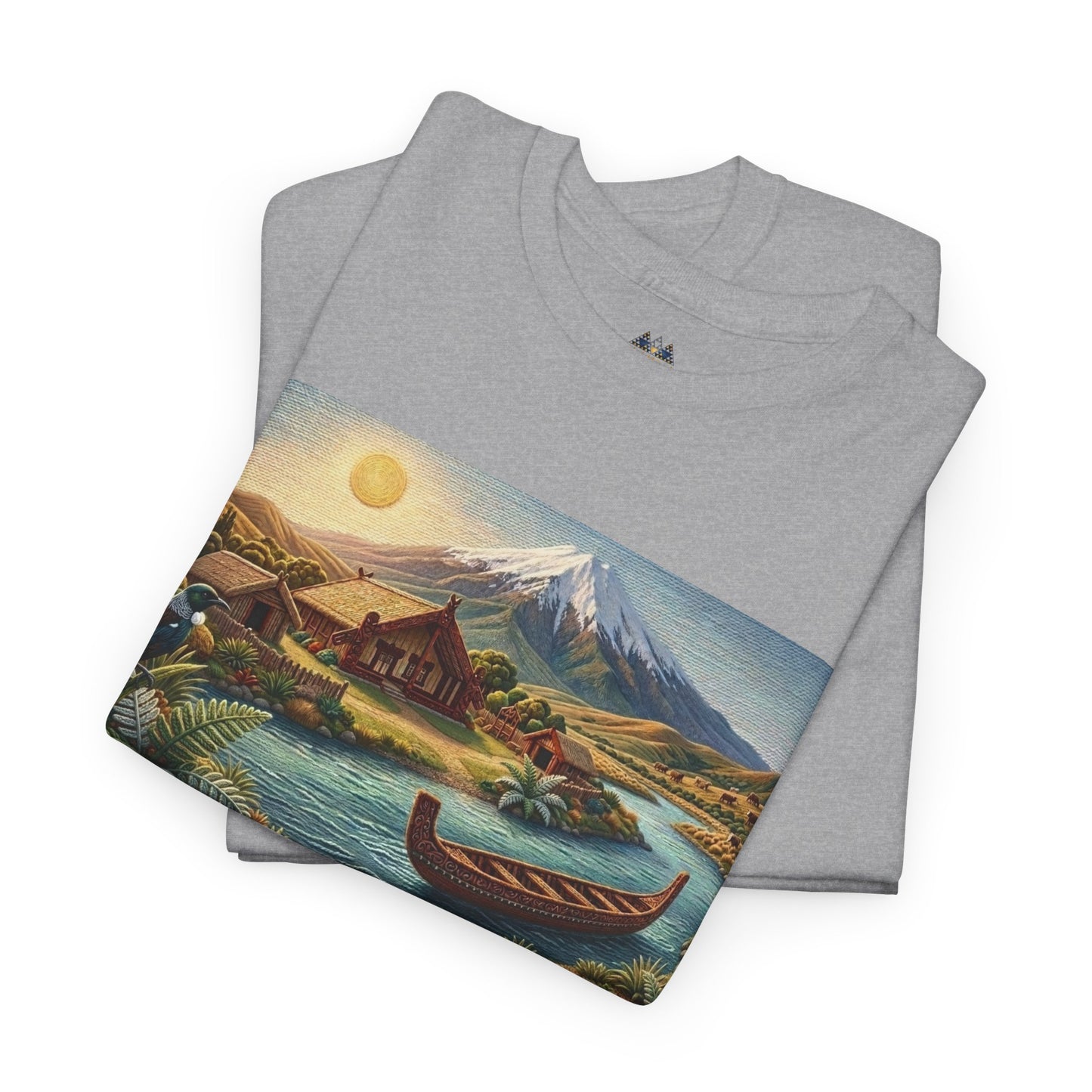 Gray heather graphic T-shirt with landscape boat and mountain scene print
