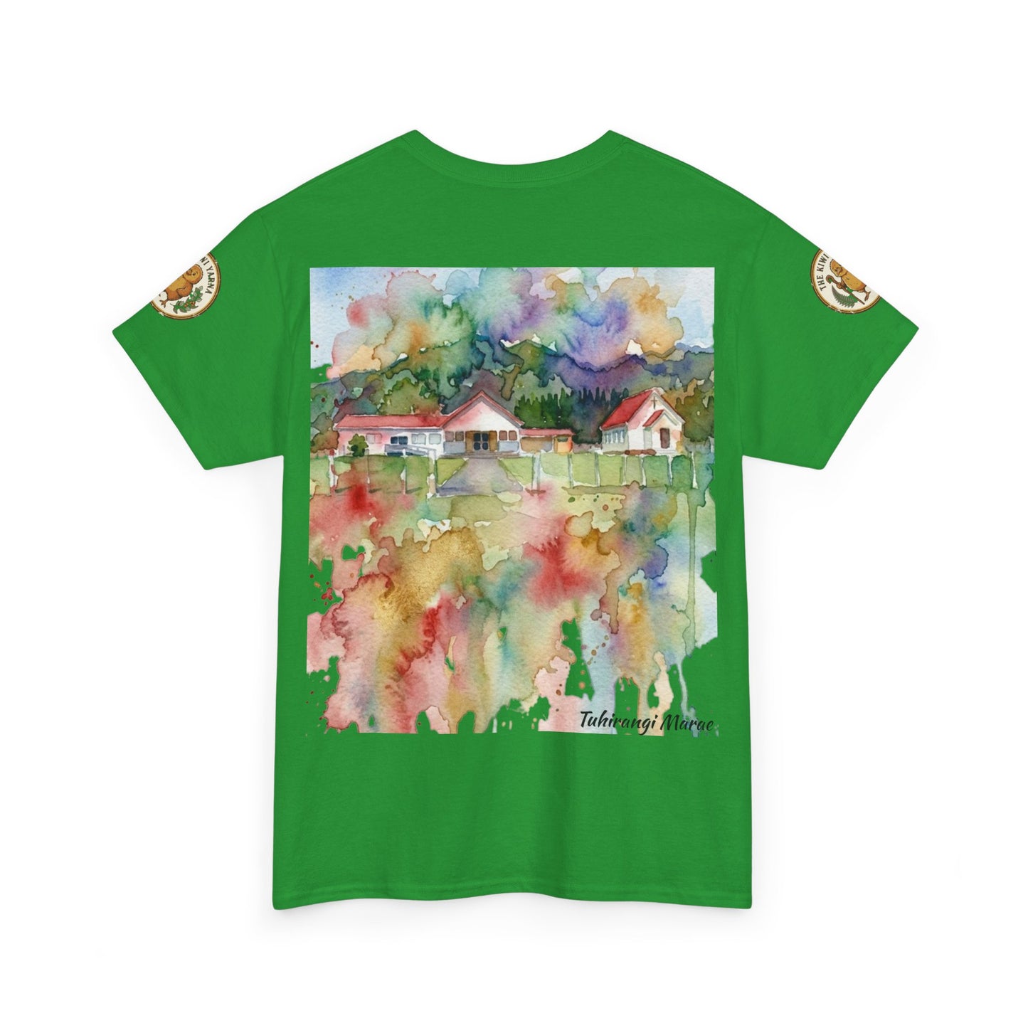 Green T-shirt with watercolor-style house wall scene graphic on front
