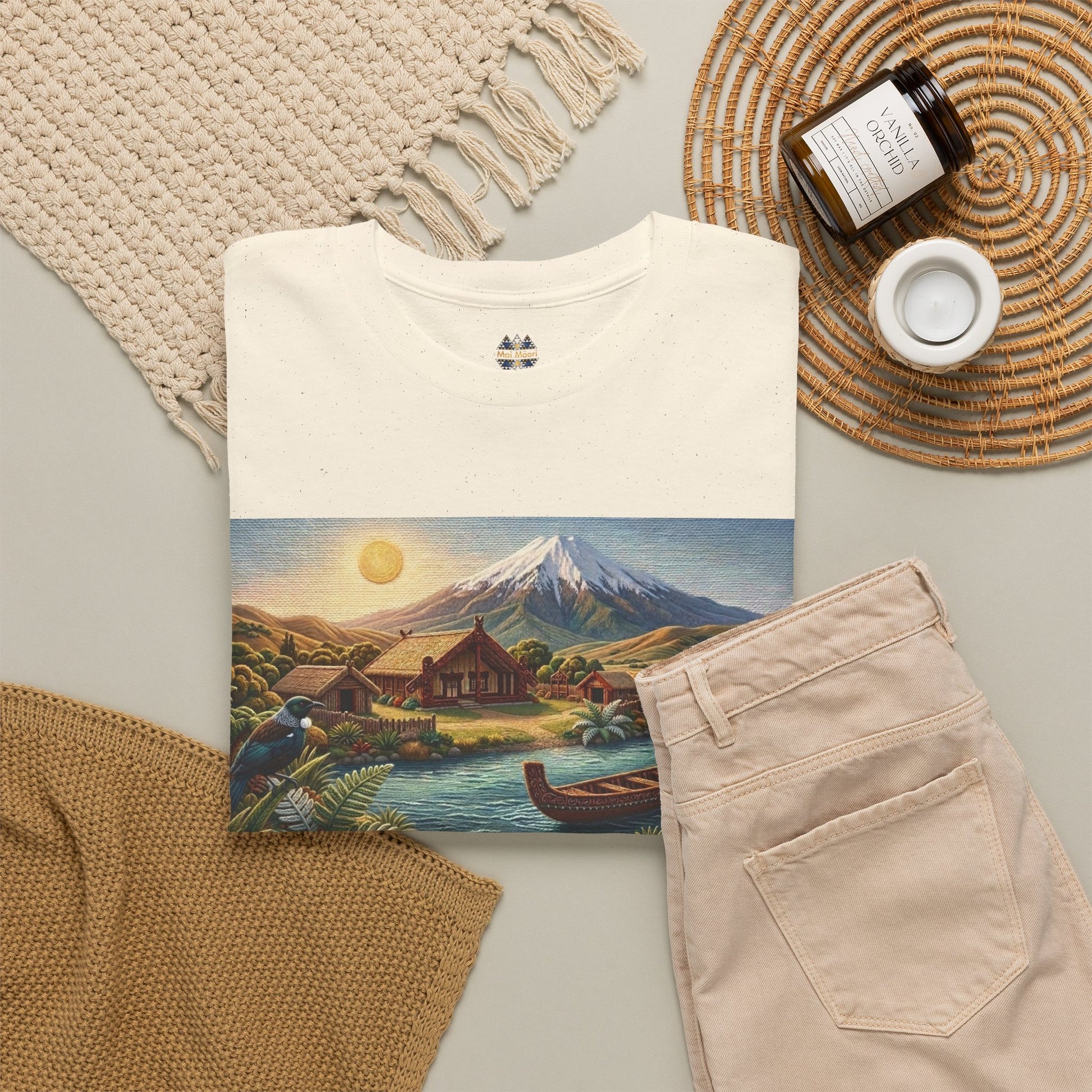 Cream printed T-shirt with landscape graphic panel and small chest logo.