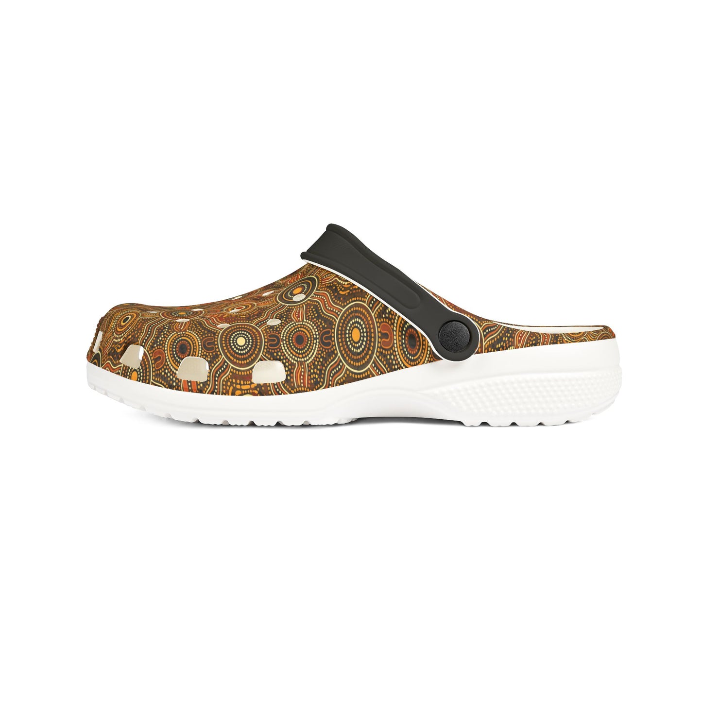 Slip-on clog sandal with brown patterned top, black adjustable strap, white sole