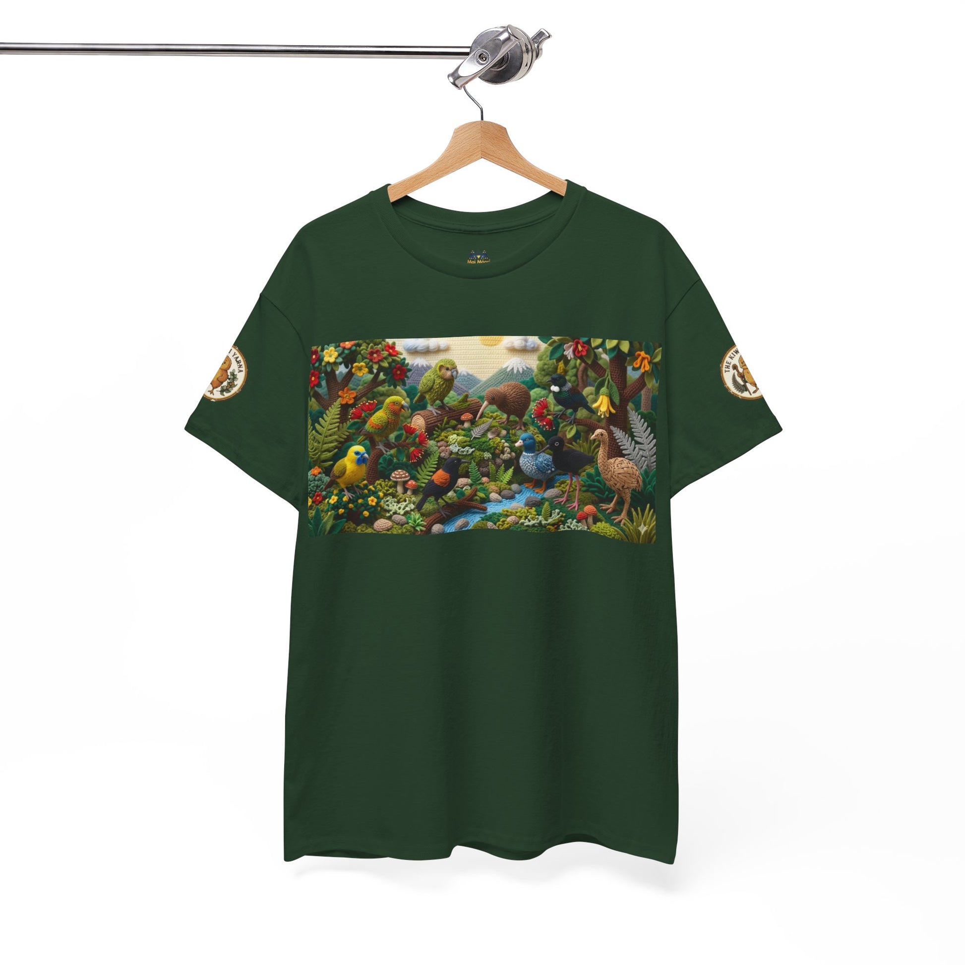 Green crewneck T-shirt with bird scene graphic and short sleeves