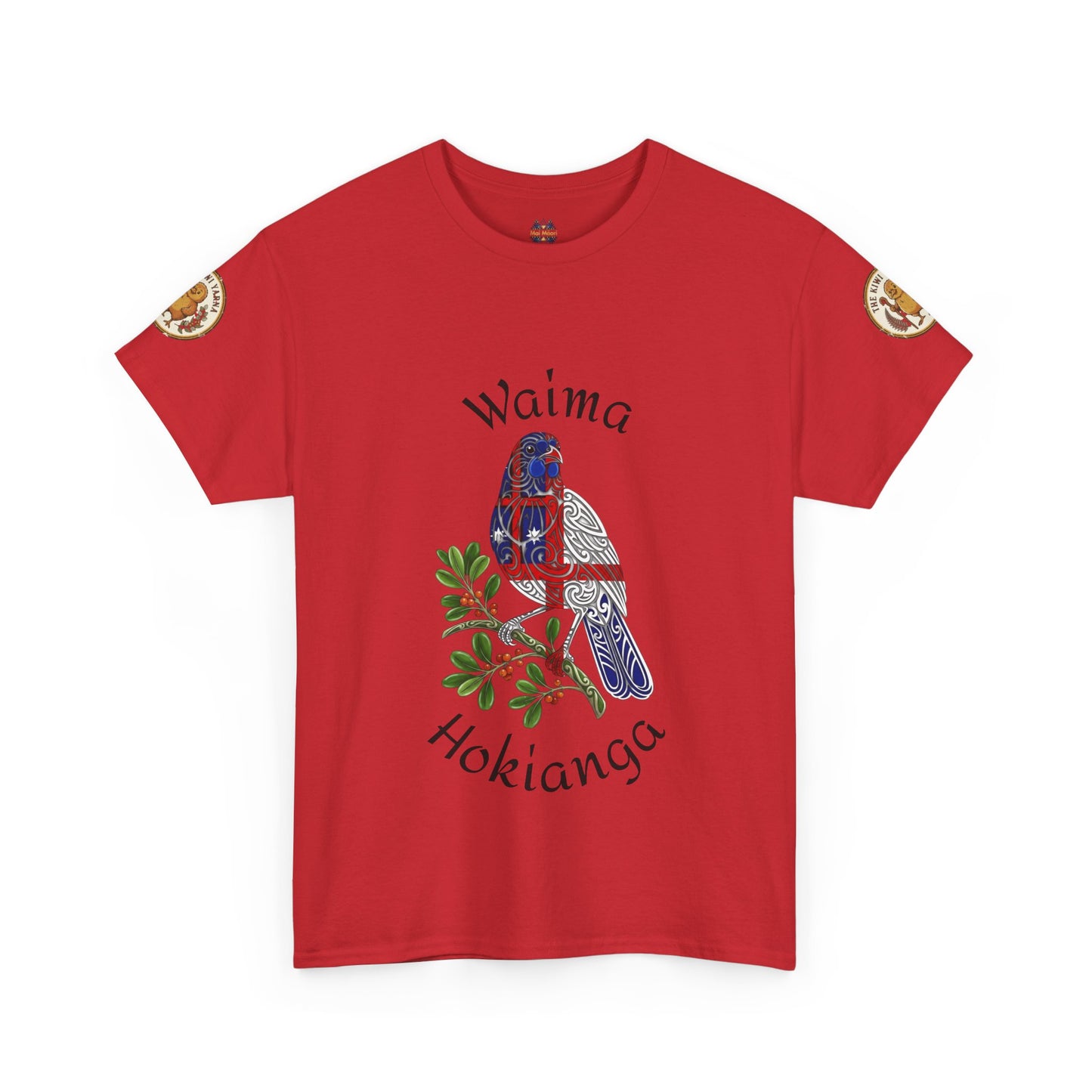 Red crewneck T-shirt with colorful bird graphic and 'Waima Hokiang' text print