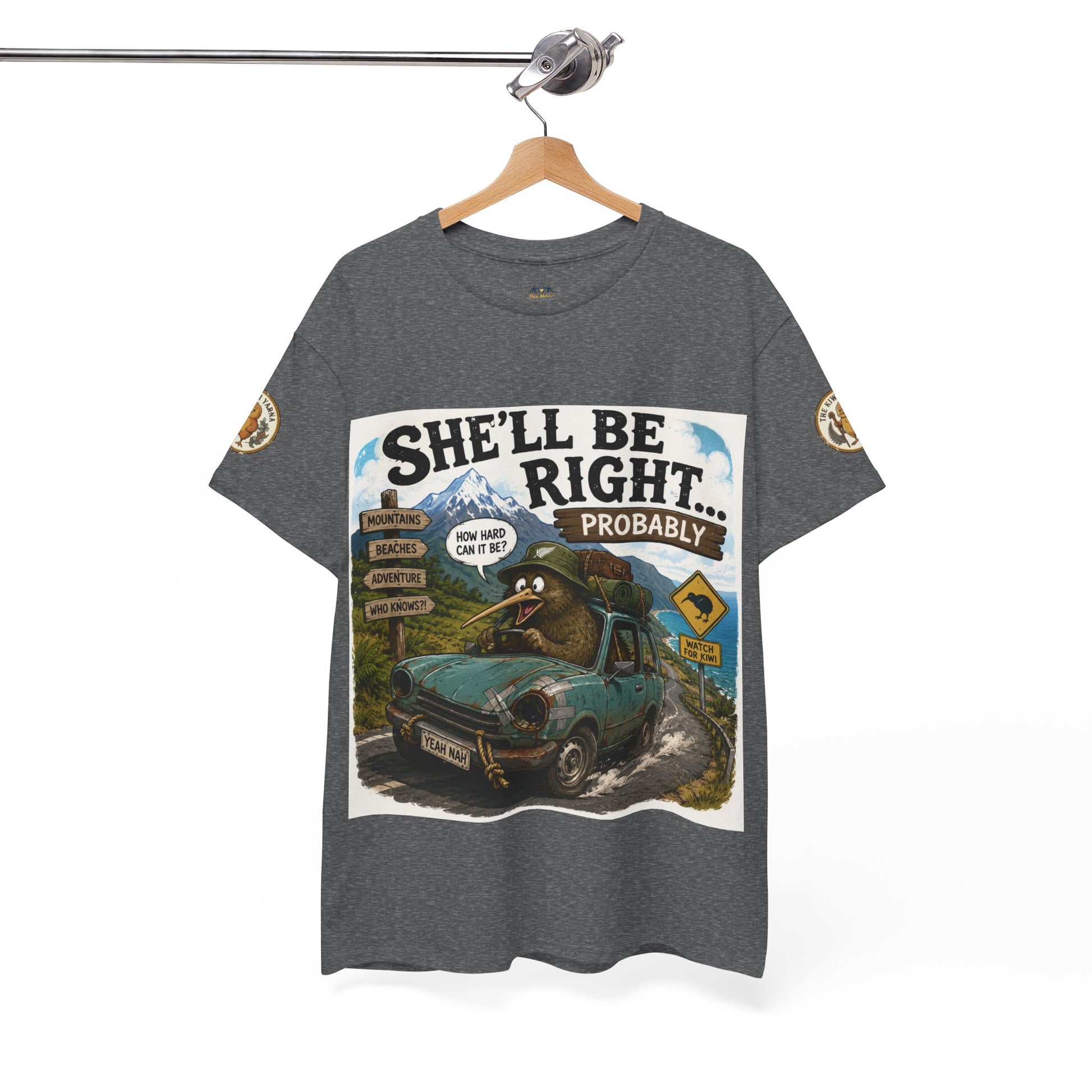 Heather dark gray graphic T-shirt with large car-and-truck print on the front