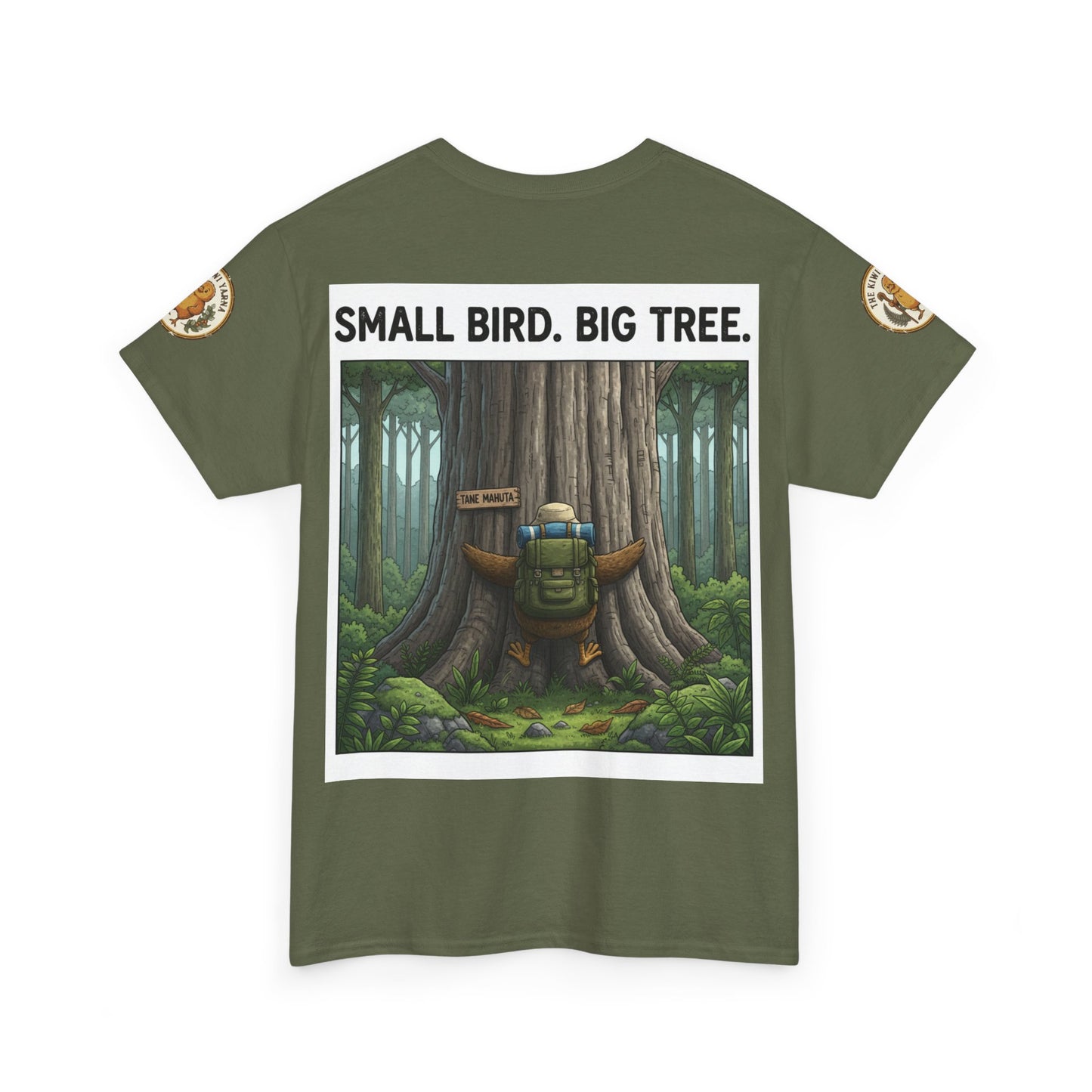 Unisex graphic T-shirt, dark green with front square forest scene and slogan