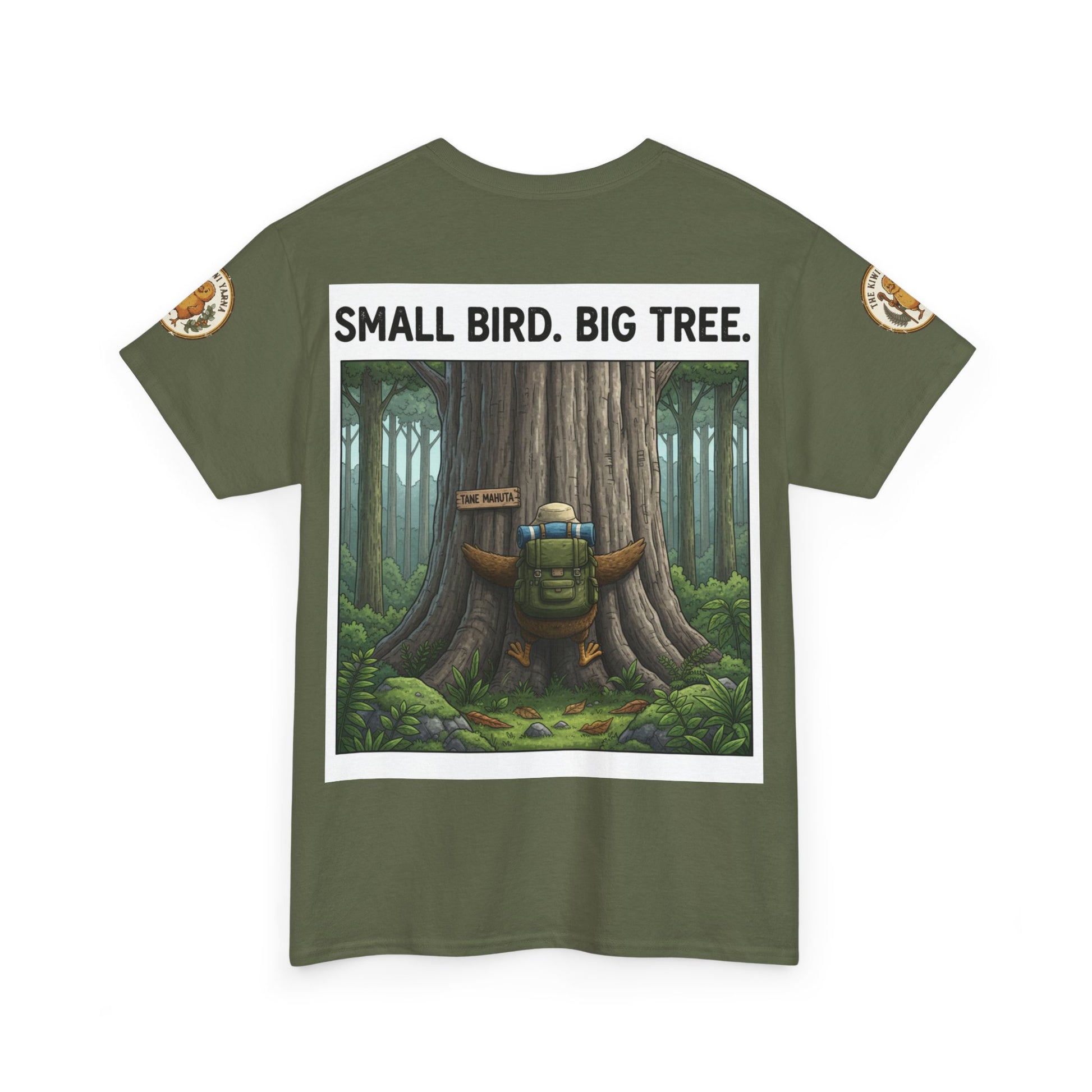 Unisex graphic T-shirt, dark green with front square forest scene and slogan
