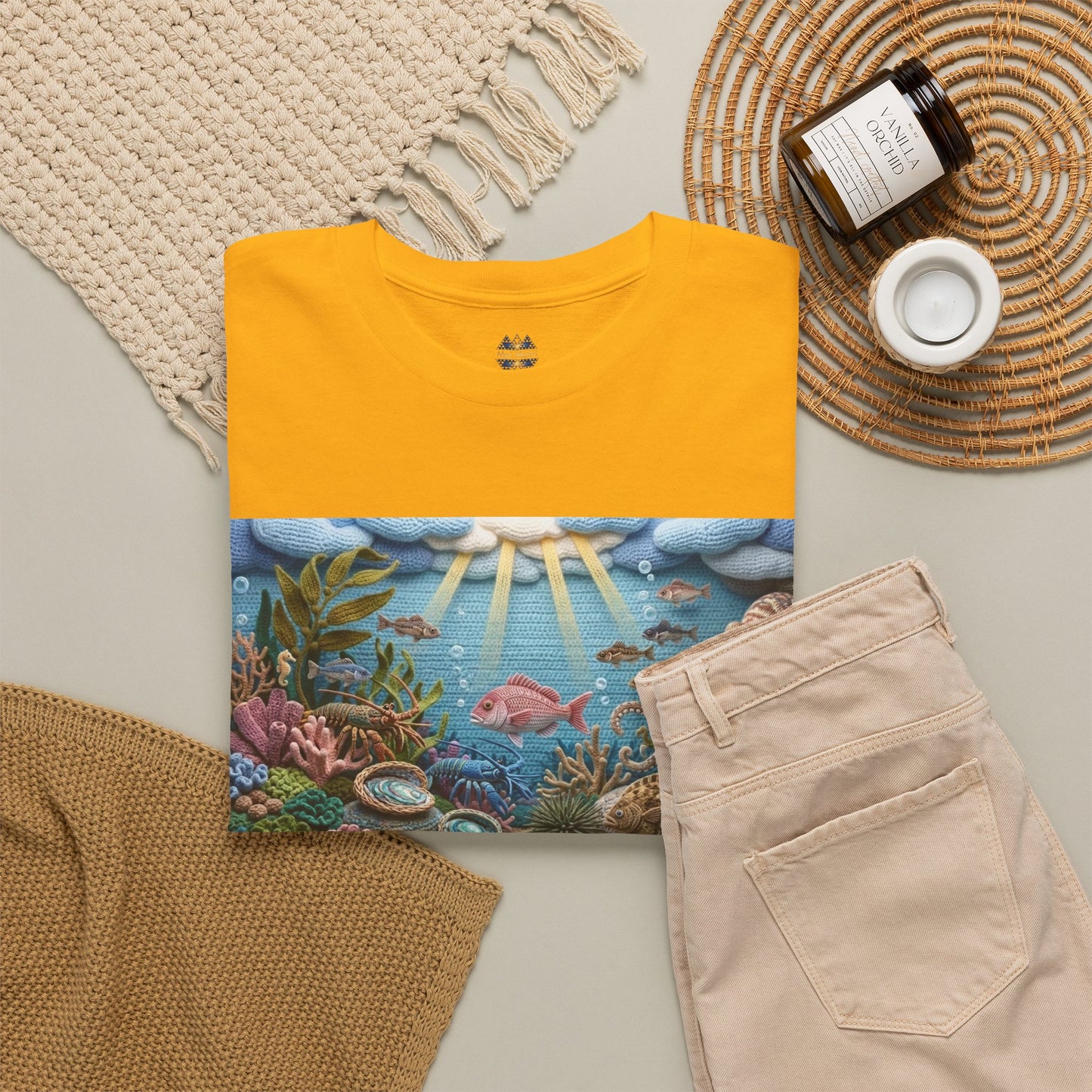 Under the Sea graphic T-shirt in bright yellow with ocean scene panel print on front