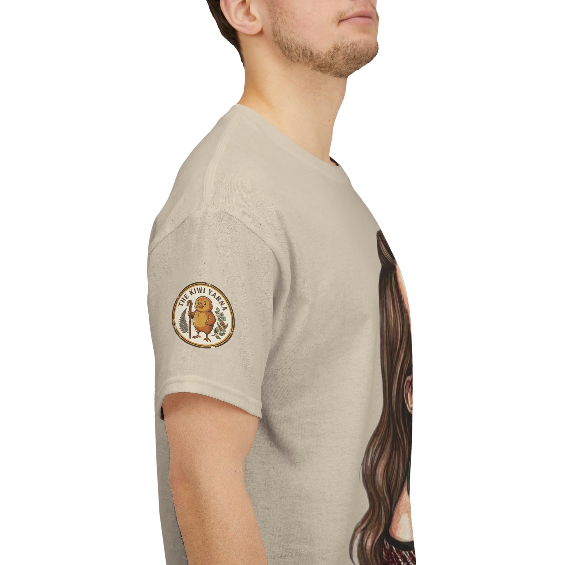 Beige T-shirt sleeve patch with circular emblem
