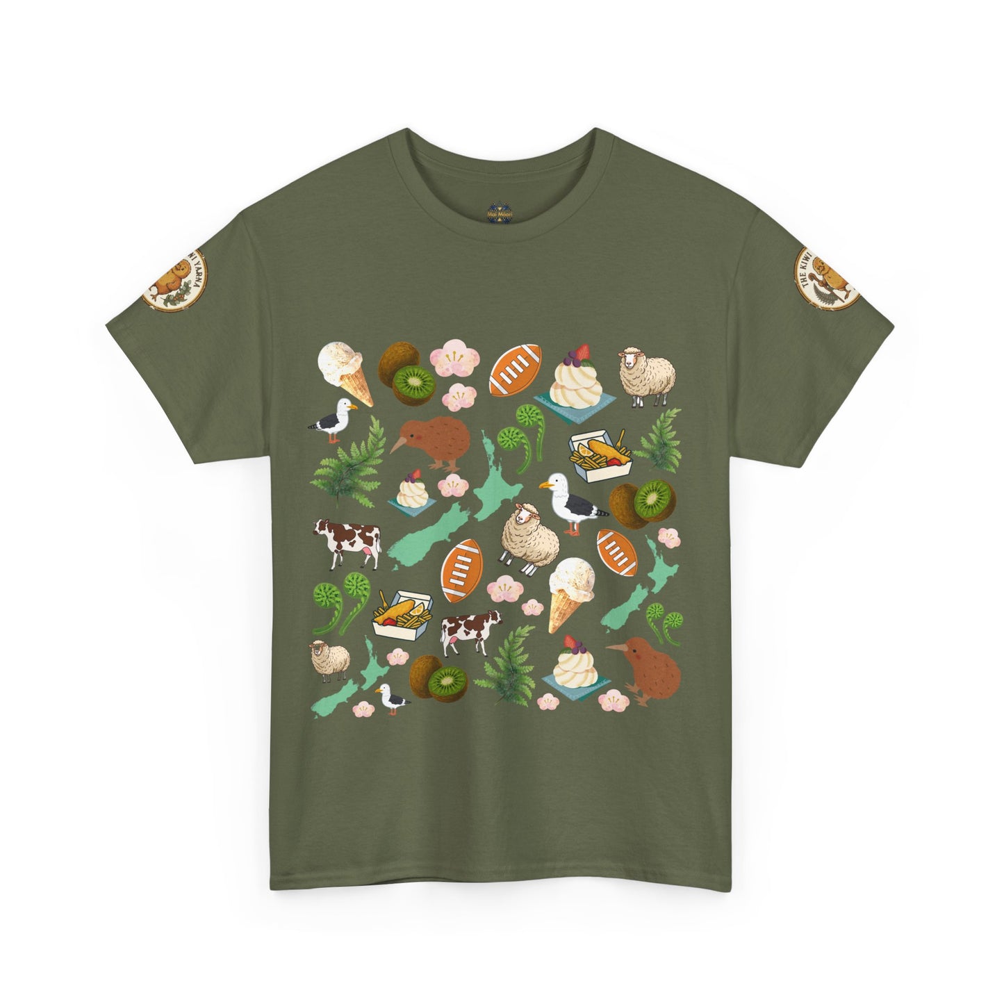 Forest Green Kiwiana graphic T-shirt, crewneck, short sleeves, colorful bird and flora print