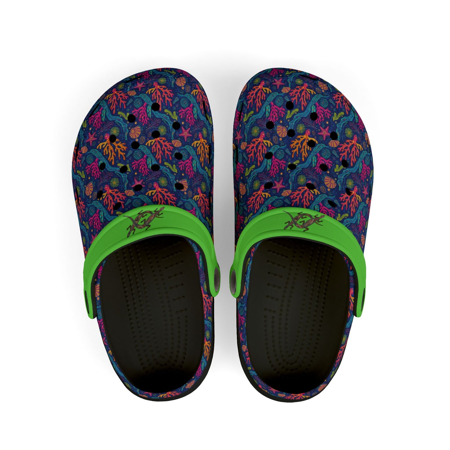 Pair of patterned clogs with green strap; black interior and perforated footbed.