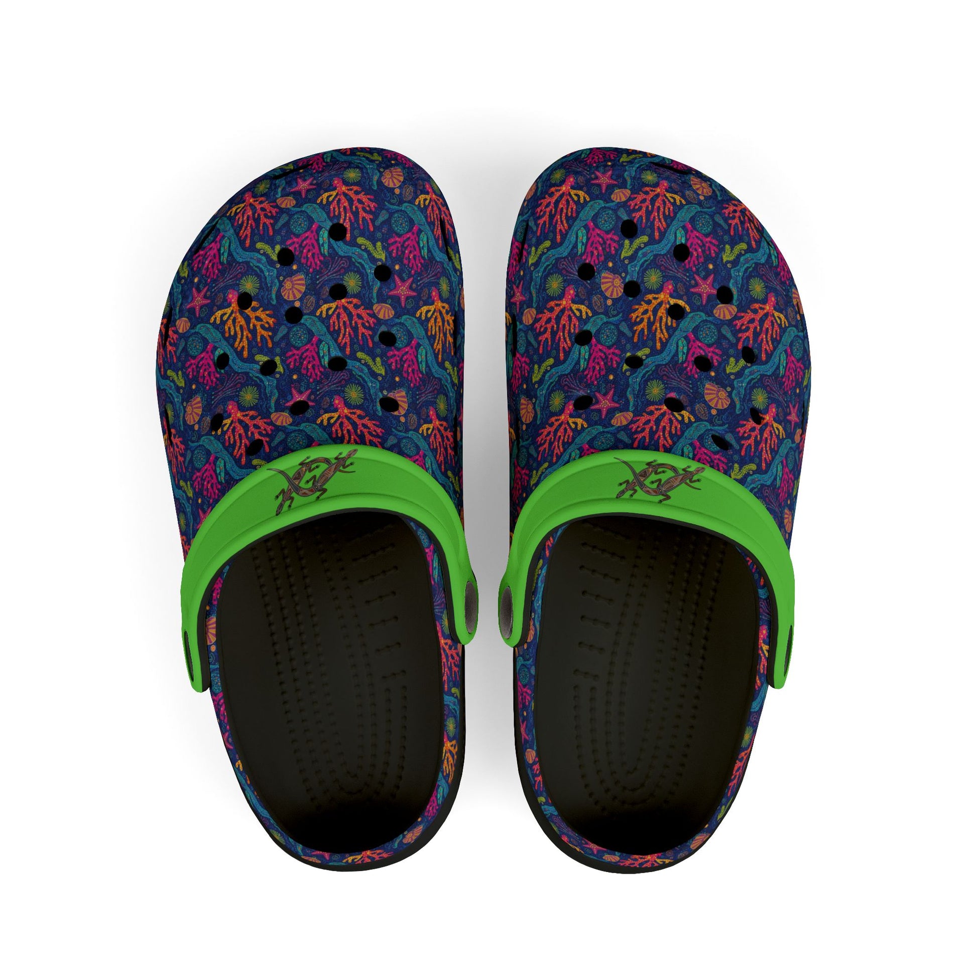 Pair of patterned clogs with green strap; black interior and perforated footbed.