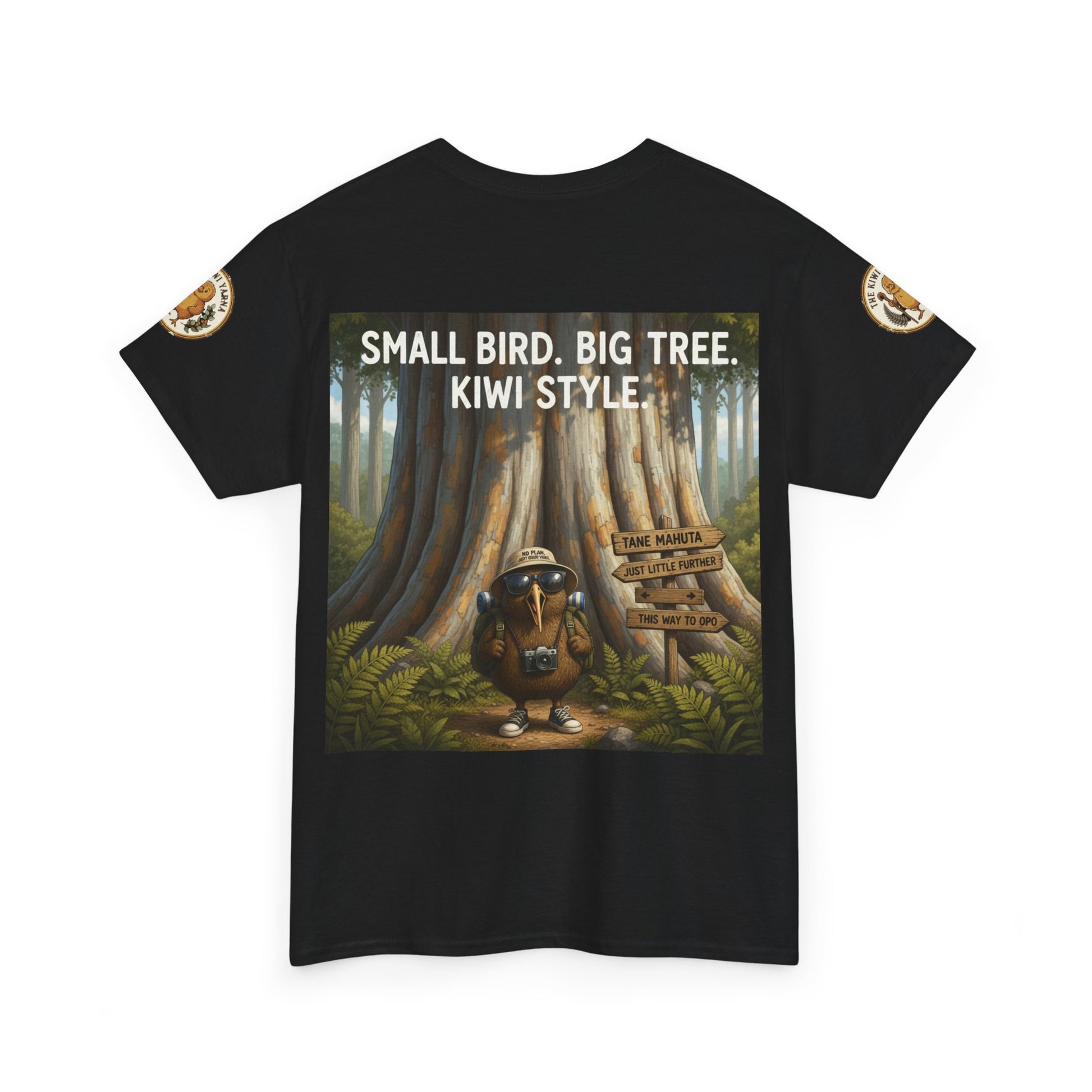 Black crew-neck T-shirt with front tree forest graphic and circular sleeve logo patches