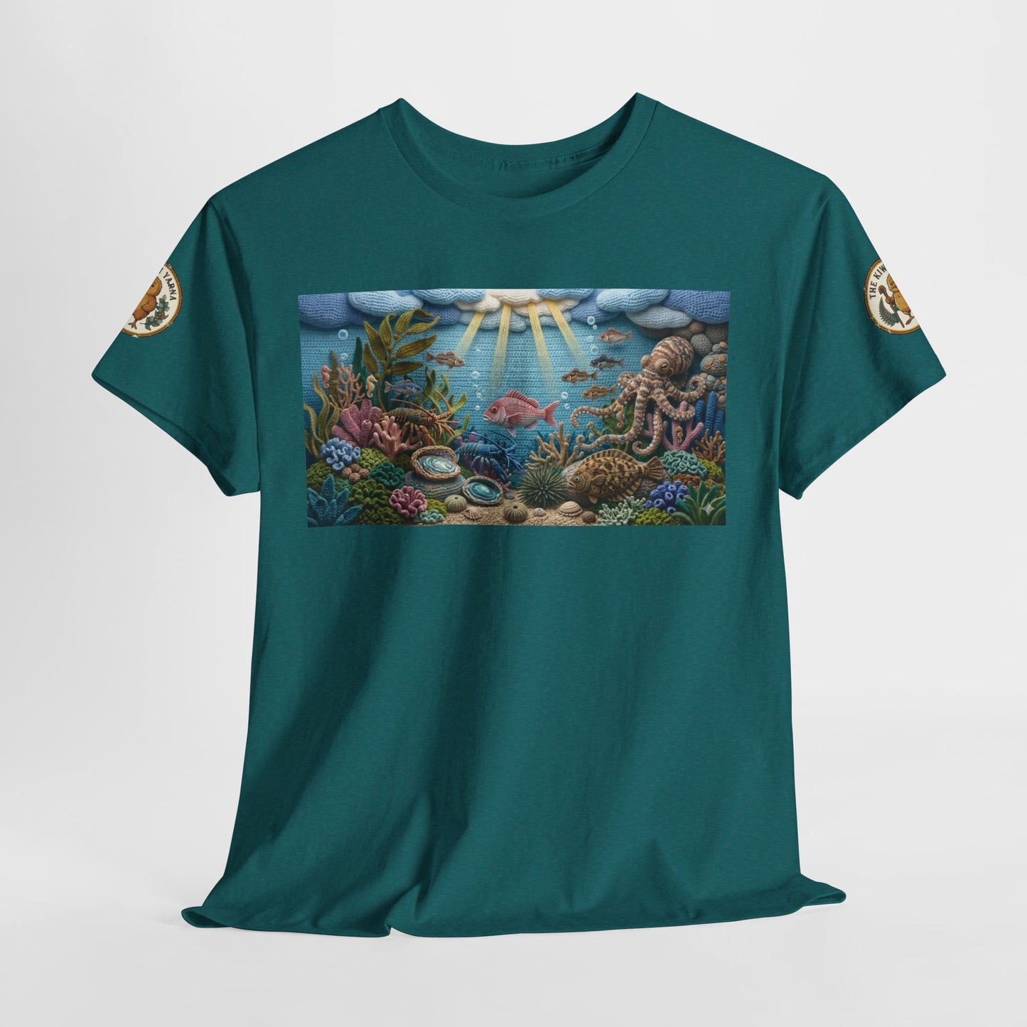 Teal/blue ocean graphic T-shirt with short sleeves and rectangular reef artwork on chest