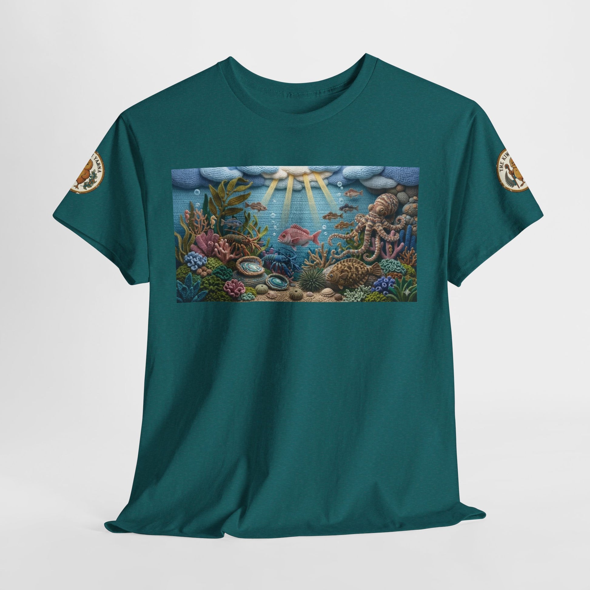 Teal/blue ocean graphic T-shirt with short sleeves and rectangular reef artwork on chest
