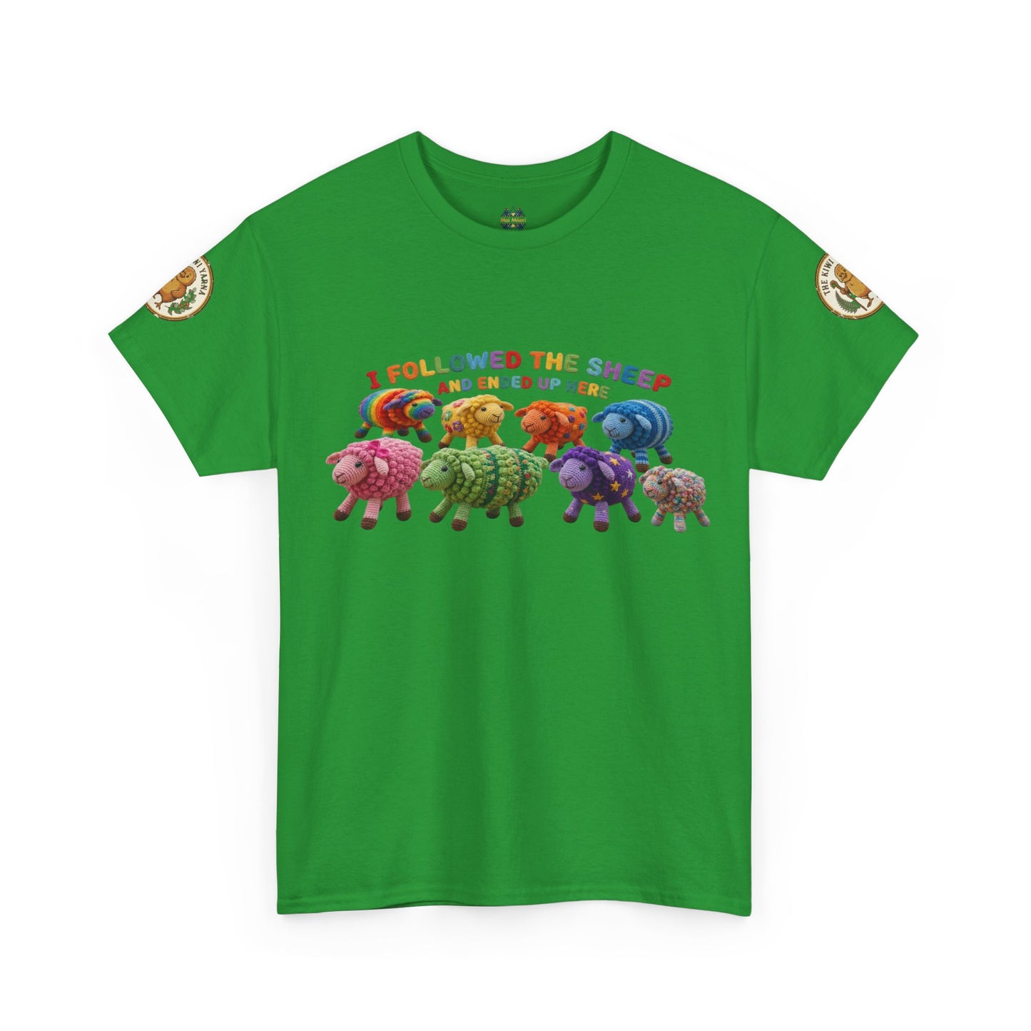 Green short-sleeve T-shirt with colorful sheep graphic and small sleeve patch accents