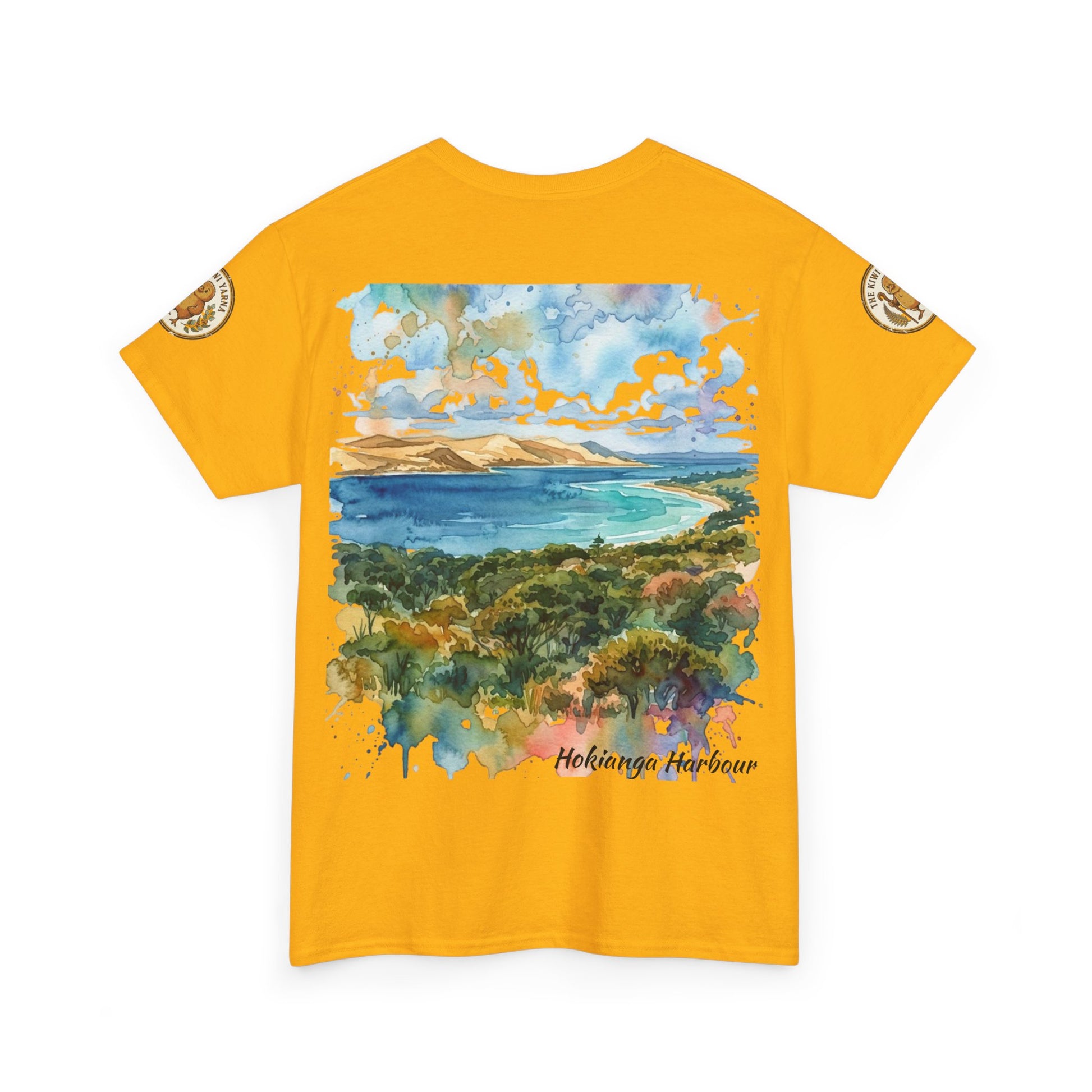 Yellow Hokianga Harbour graphic T-shirt with seascape landscape print on front