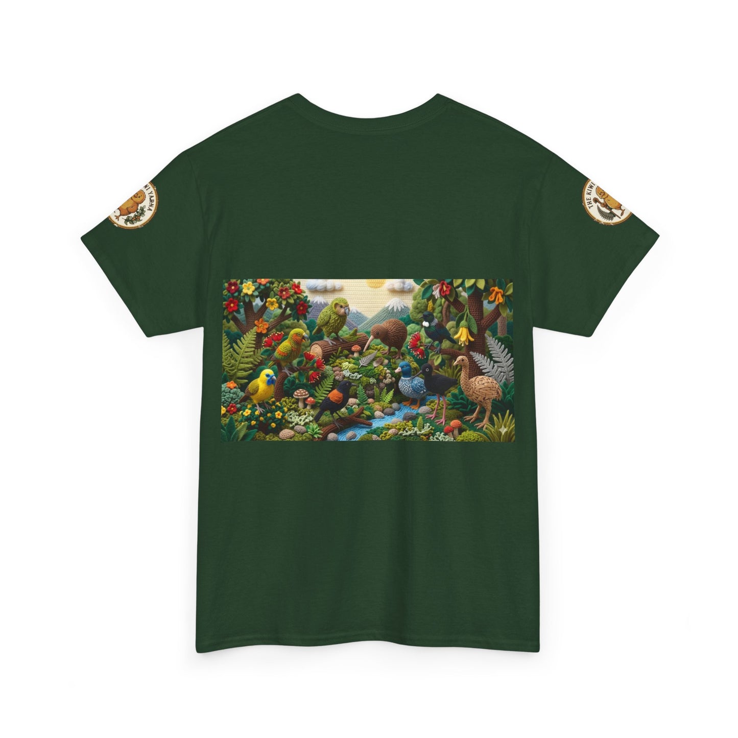 Green graphic T-shirt with rectangular bird scene print and short sleeves