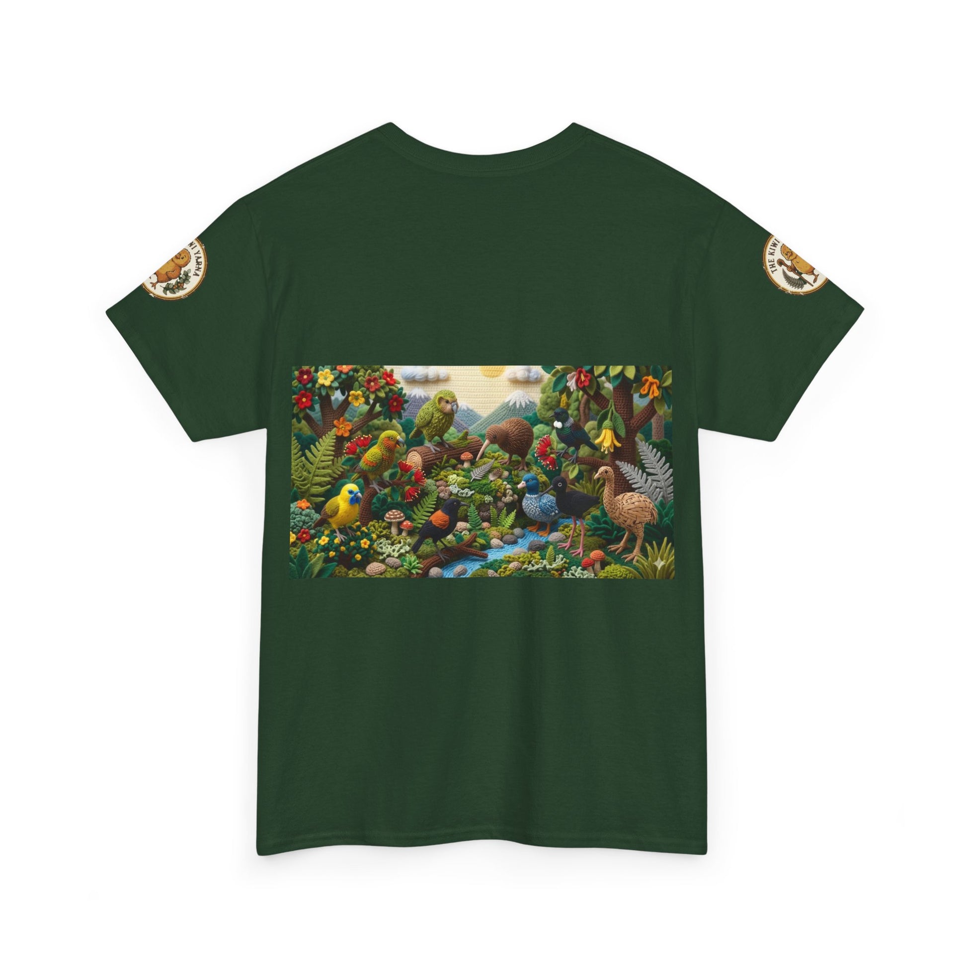 Green graphic T-shirt with rectangular bird scene print and short sleeves