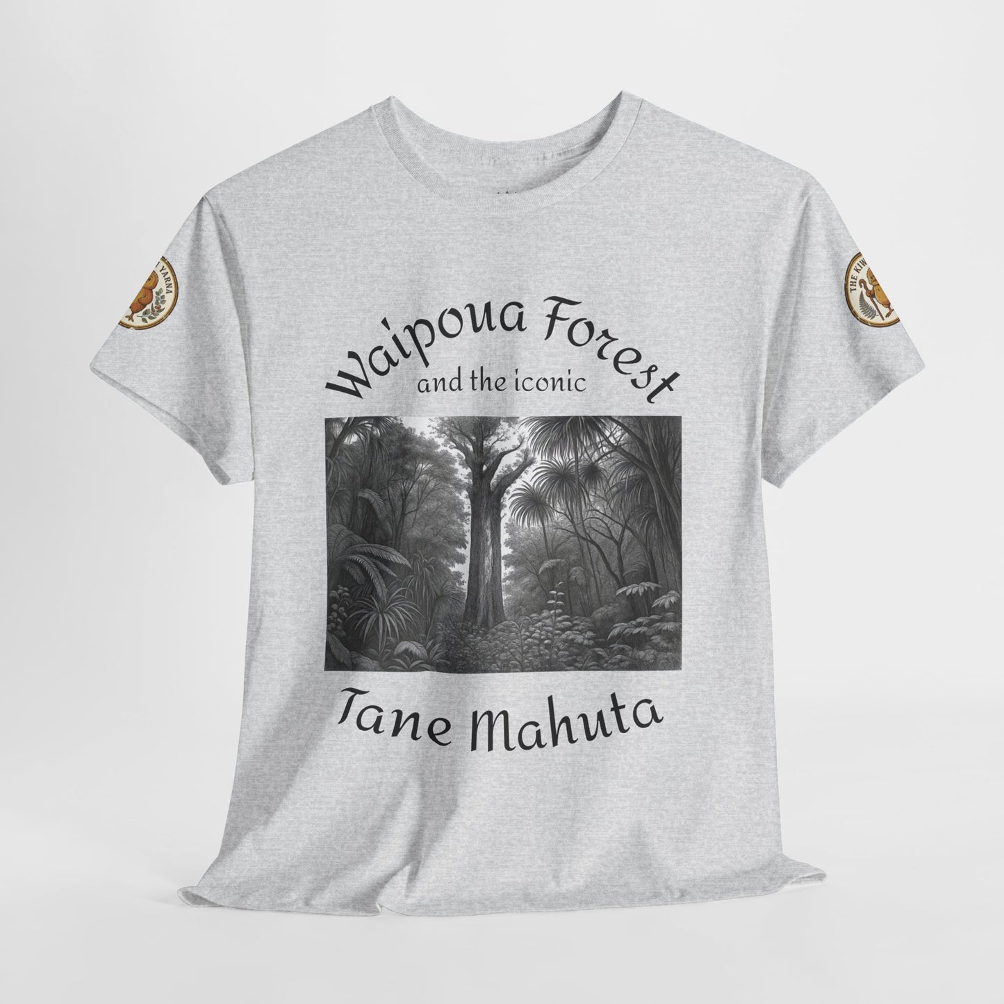 Heather gray graphic T-shirt with black forest print and 'Tane Mahuta' script