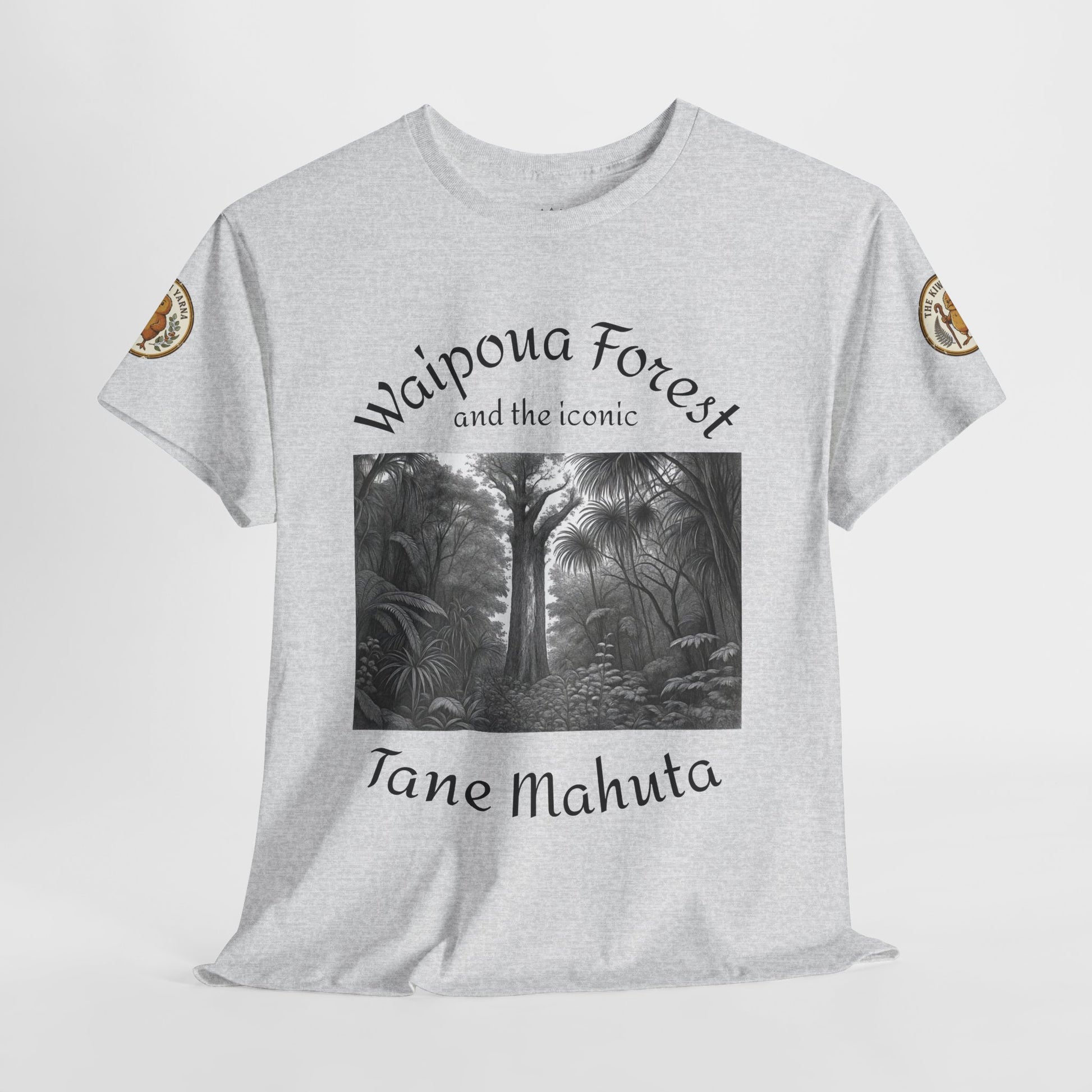 Heather gray graphic T-shirt with black forest print and 'Tane Mahuta' script