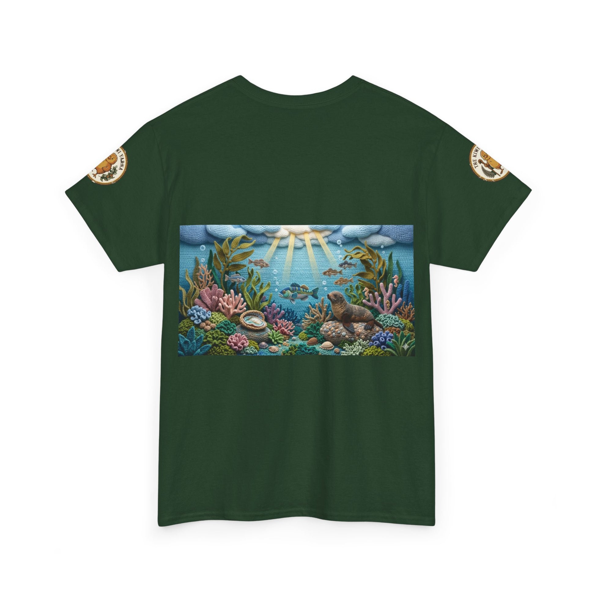 Dark green crew-neck short-sleeve T-shirt with centered underwater graphic and sleeve patches