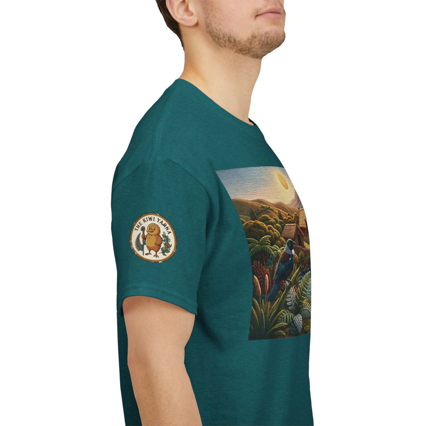 Teal short-sleeve T-shirt with front landscape print and left sleeve emblem patch