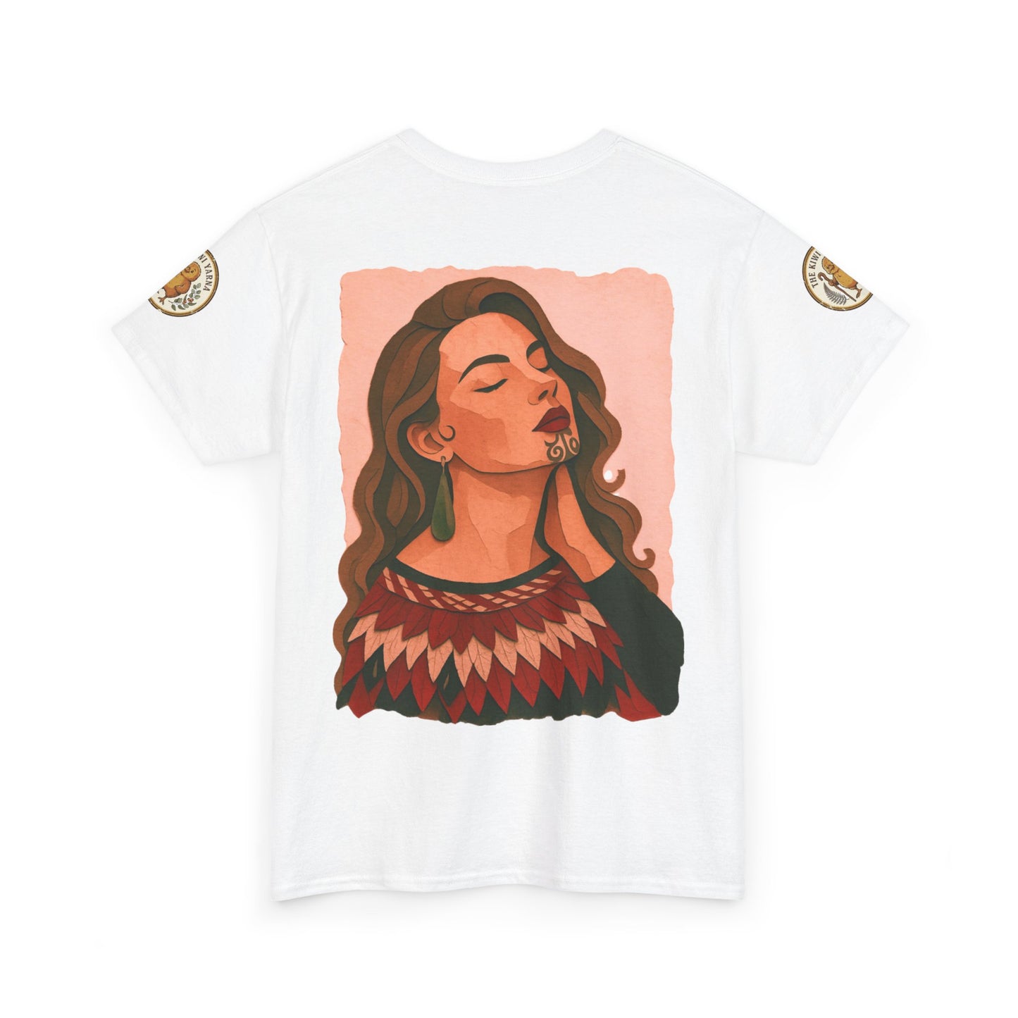 White graphic T-shirt with portrait woman bust illustration and sleeve badges