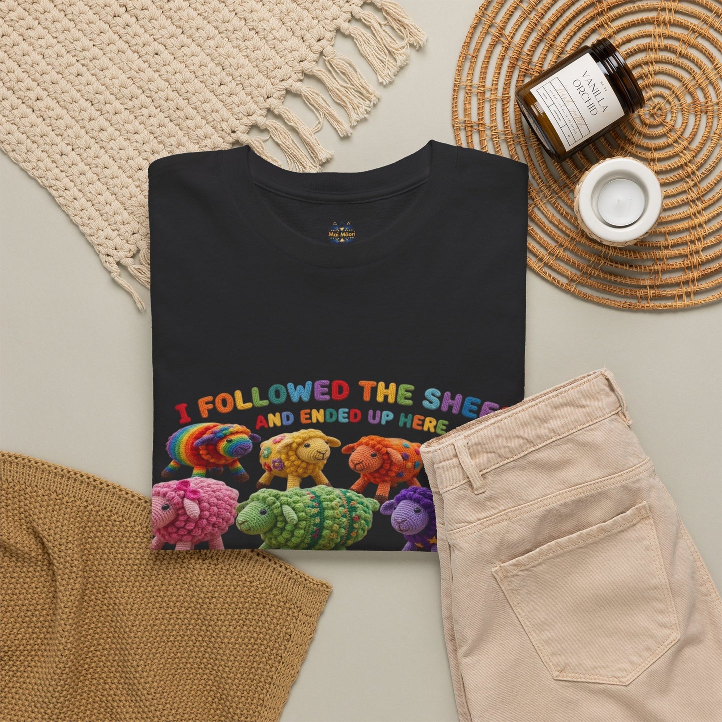 Black T-shirt with colorful sheep graphic and round neck