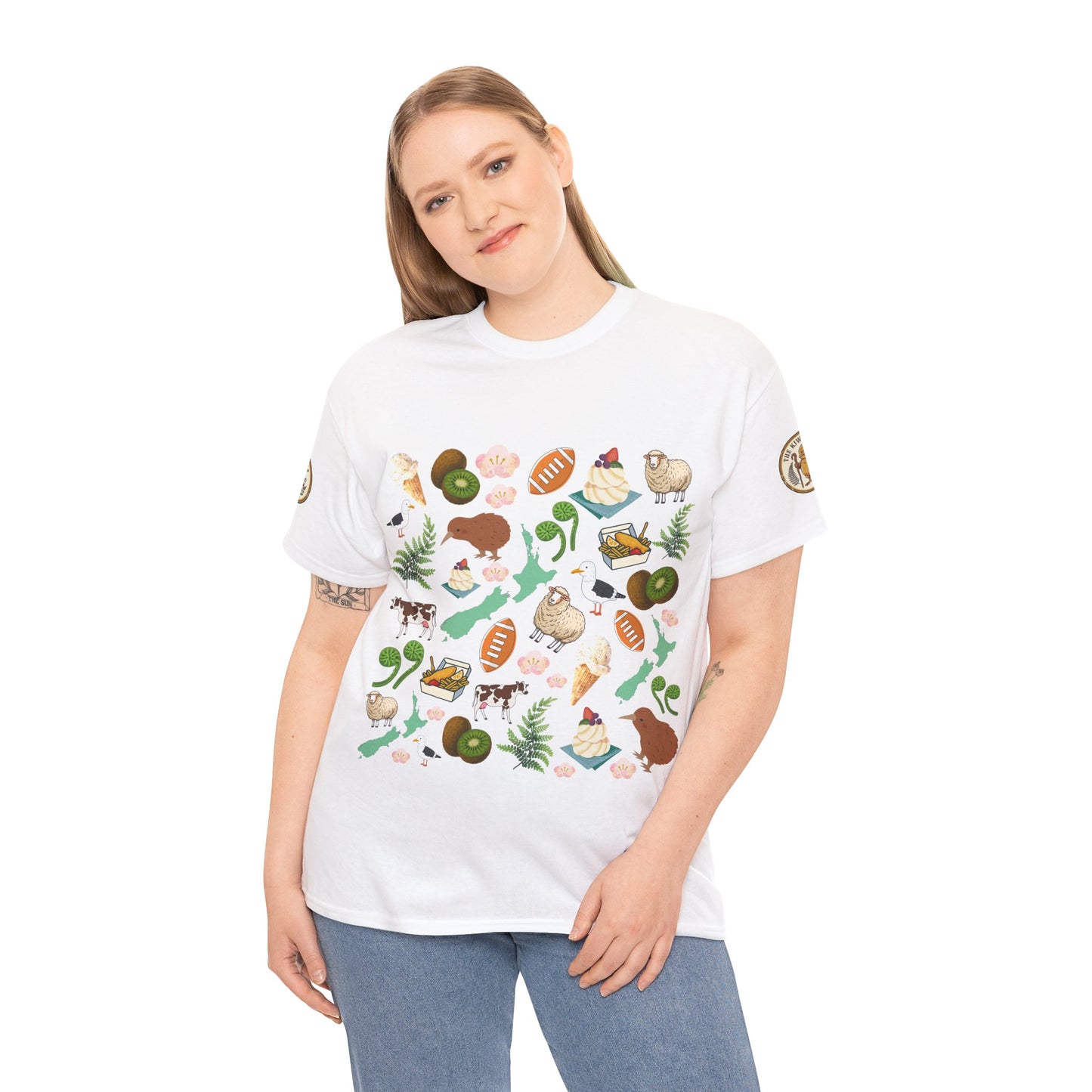 White crewneck T-shirt on model with Kiwiana wildlife and plants graphic front
