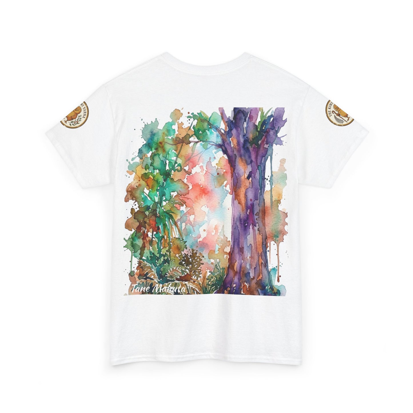 White graphic t-shirt back with colorful tree silhouette and small bottom script