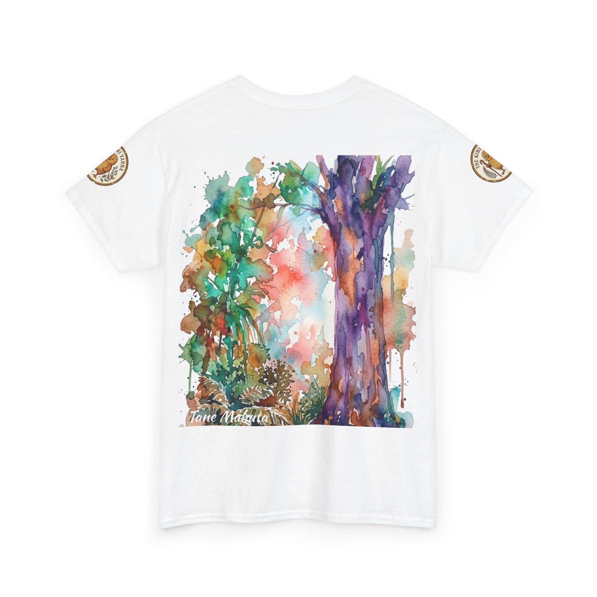 White graphic t-shirt back with colorful tree silhouette and small bottom script