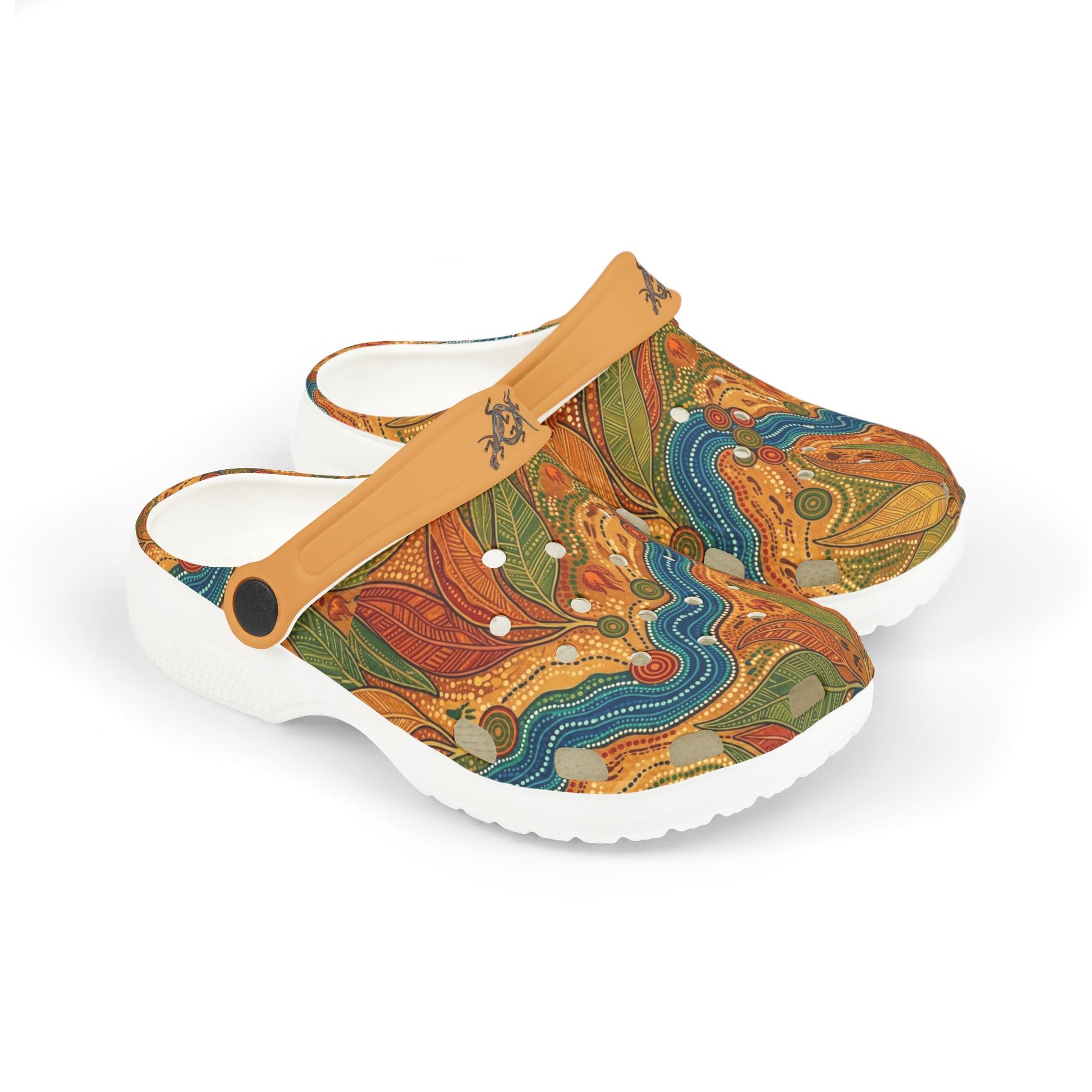 Casual slip-on clogs with tan strap and colorful Aboriginal art print, white sole.