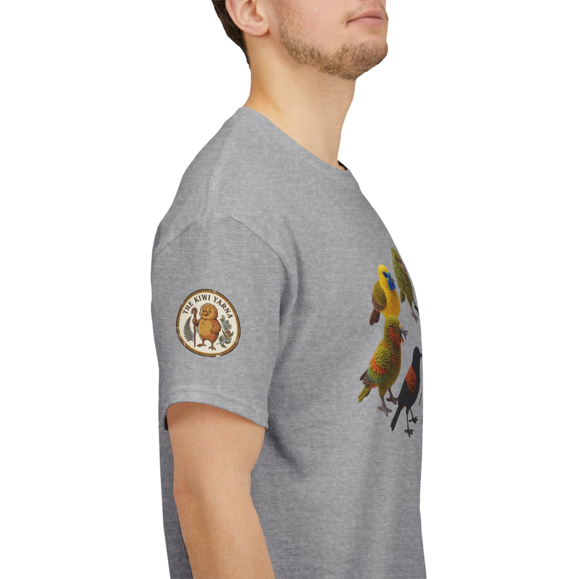 Heather gray graphic T-shirt with colorful bird sleeve print and round emblem