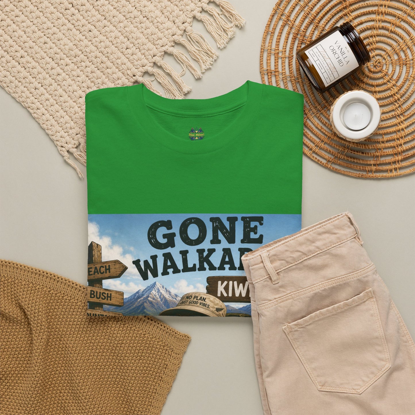 Bright green “Gone Walkabout Kiwi Style” graphic T-shirt front