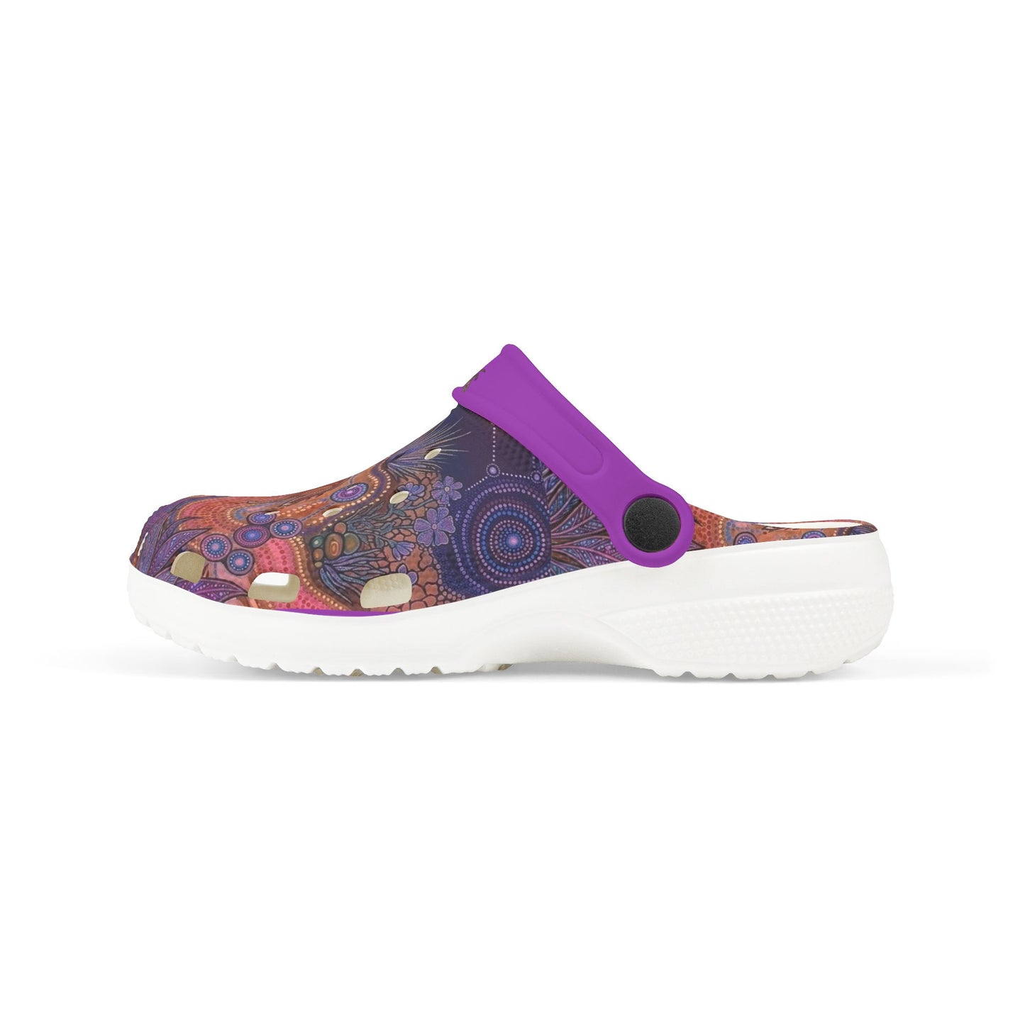 Single patterned slip-on clog shoe with purple strap and white tread sole