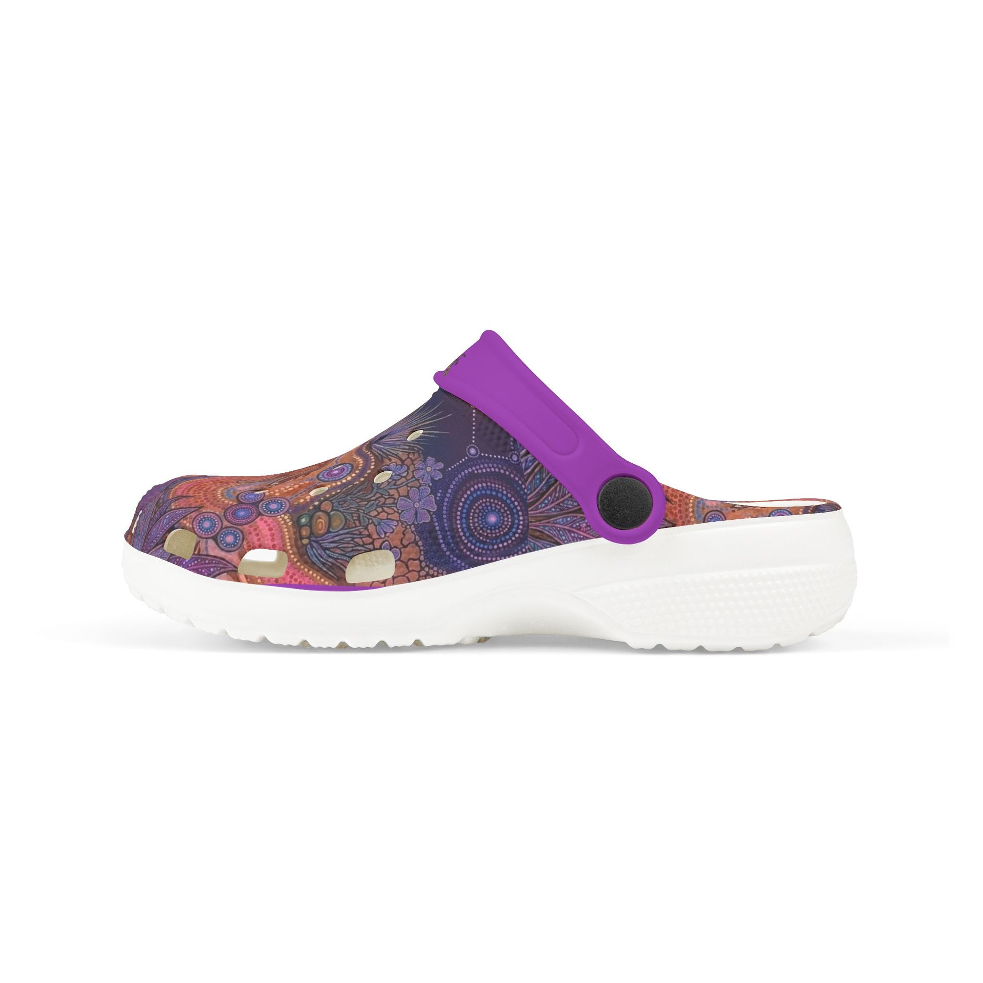 Single patterned slip-on clog shoe with purple strap and white tread sole