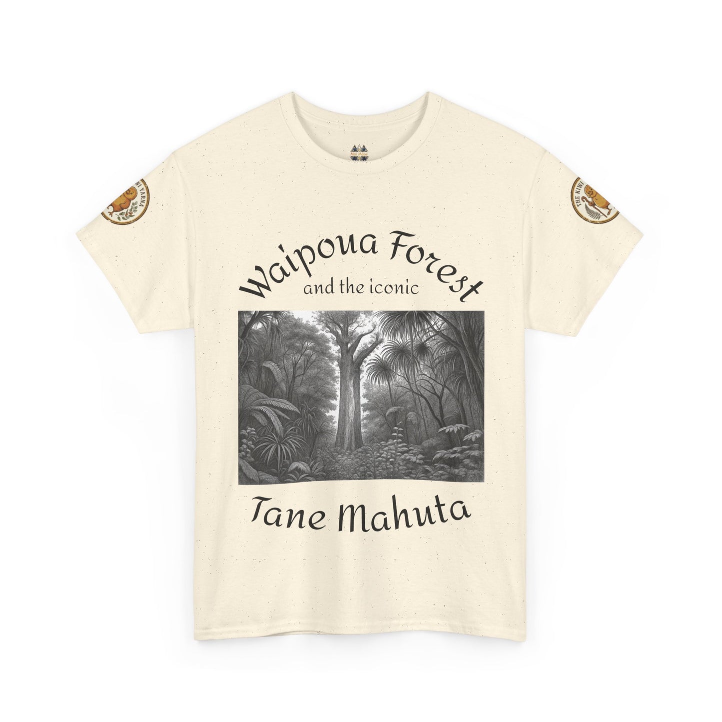 Off-white graphic T-shirt with monochrome forest print and 'Tane Mahuta' script