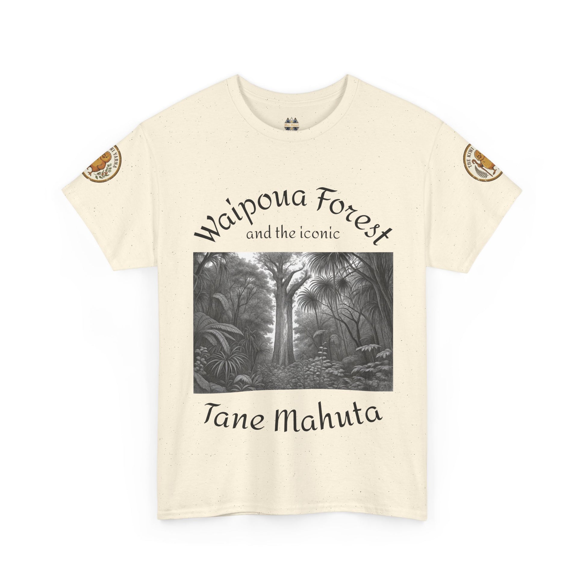 Off-white graphic T-shirt with monochrome forest print and 'Tane Mahuta' script