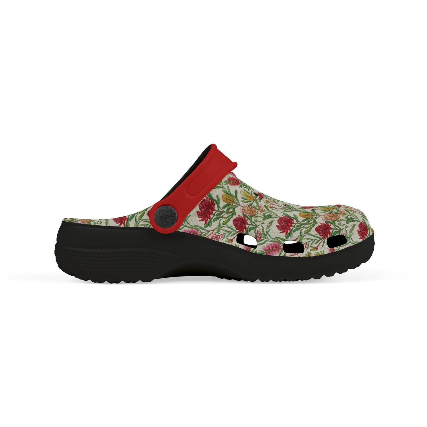 Floral slide clog with red strap and black outsole, side profile view.