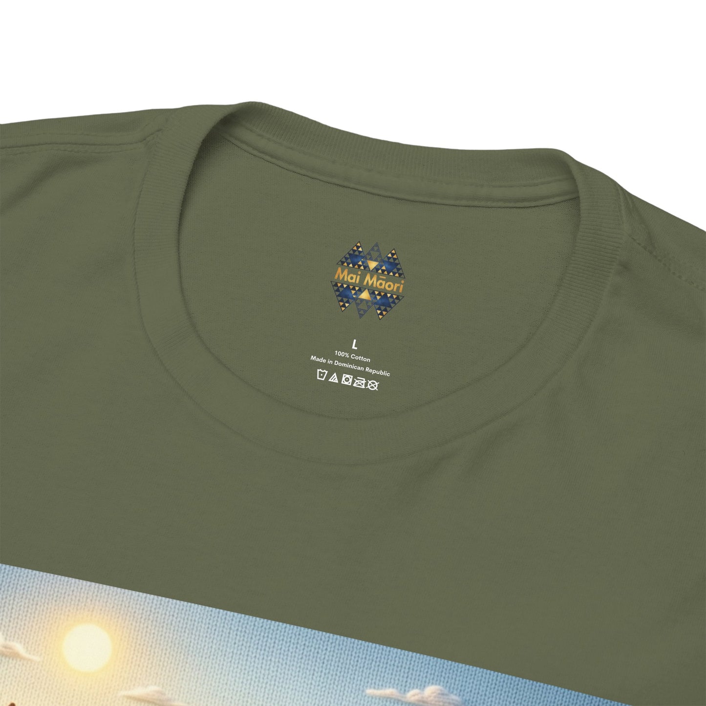 Olive green T-shirt neckline with small chest logo and top of farm graphic.